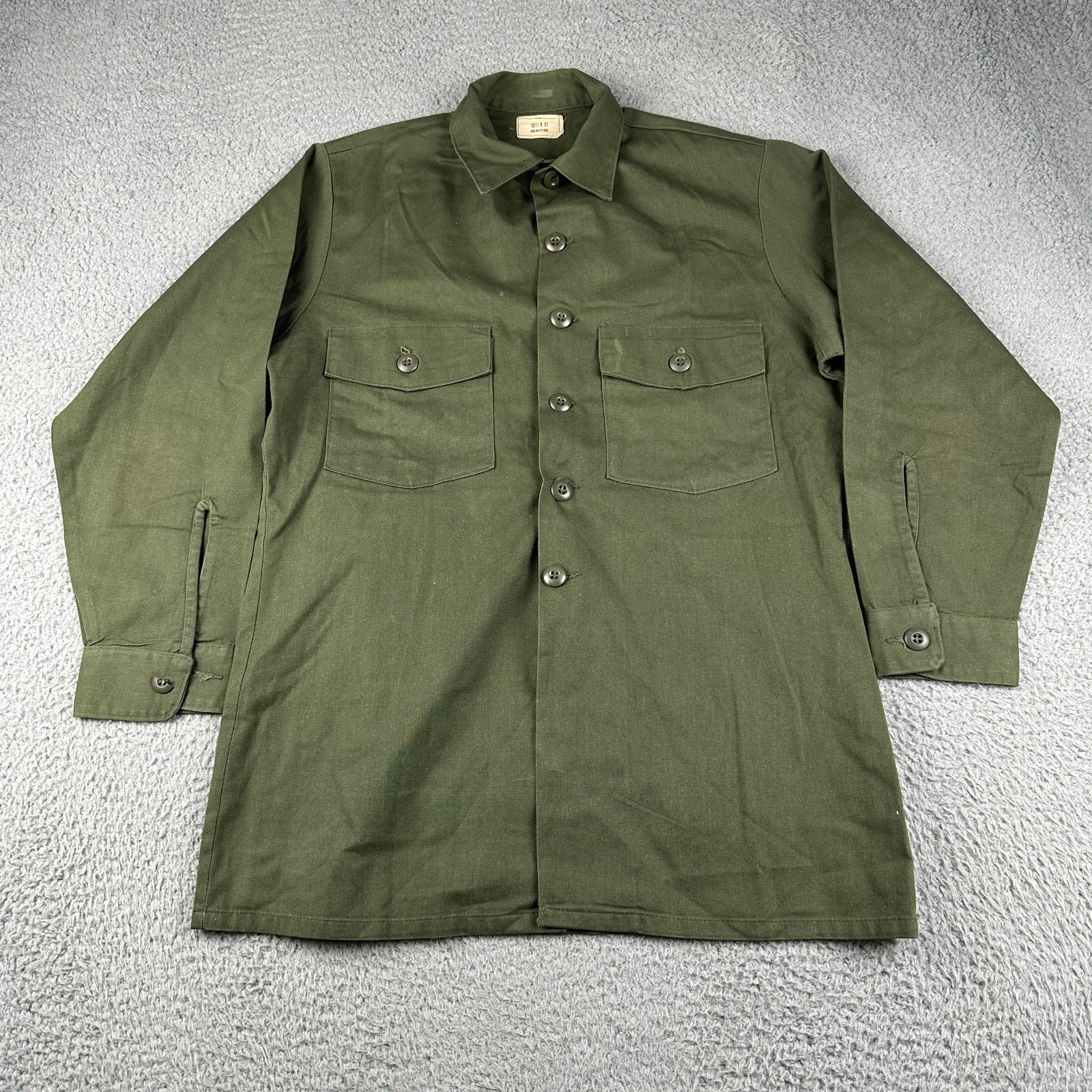 Vintage US Army Shirt Mens 15.5x31 Green OG-507 Durable Press 70s Utility