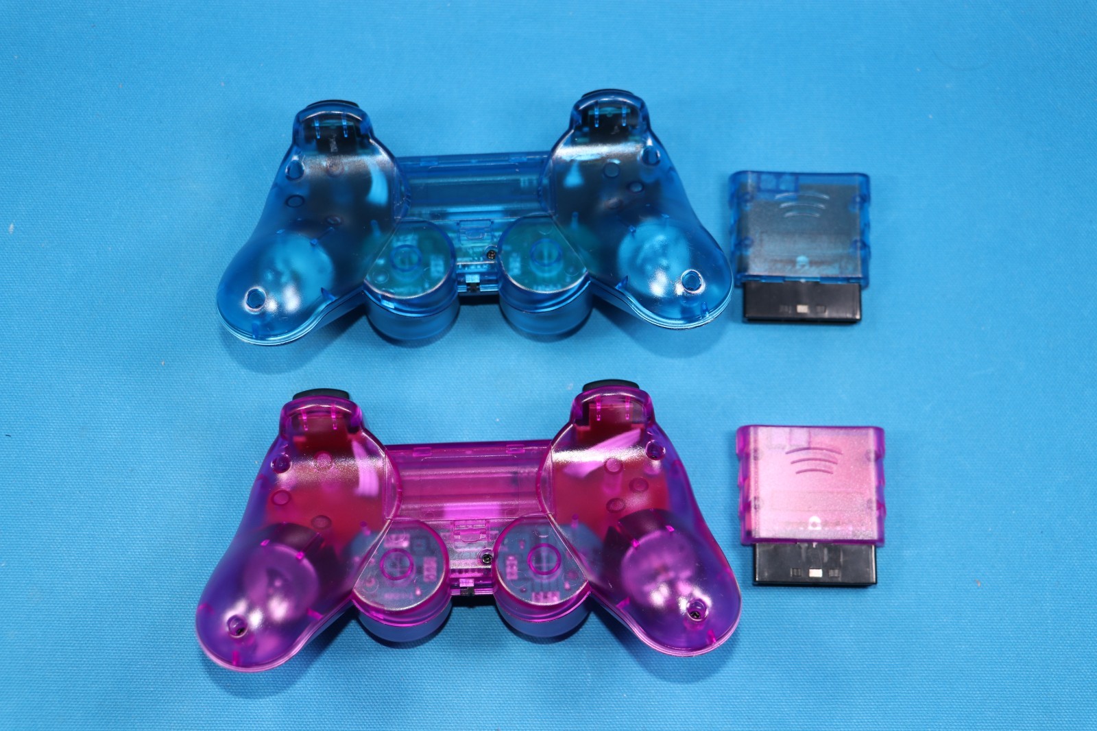 Dual Vibration WIRELESS Controller FOR PLAYSTATION 2 PS2 CLEAR PURPLE BLUE 2 SET
