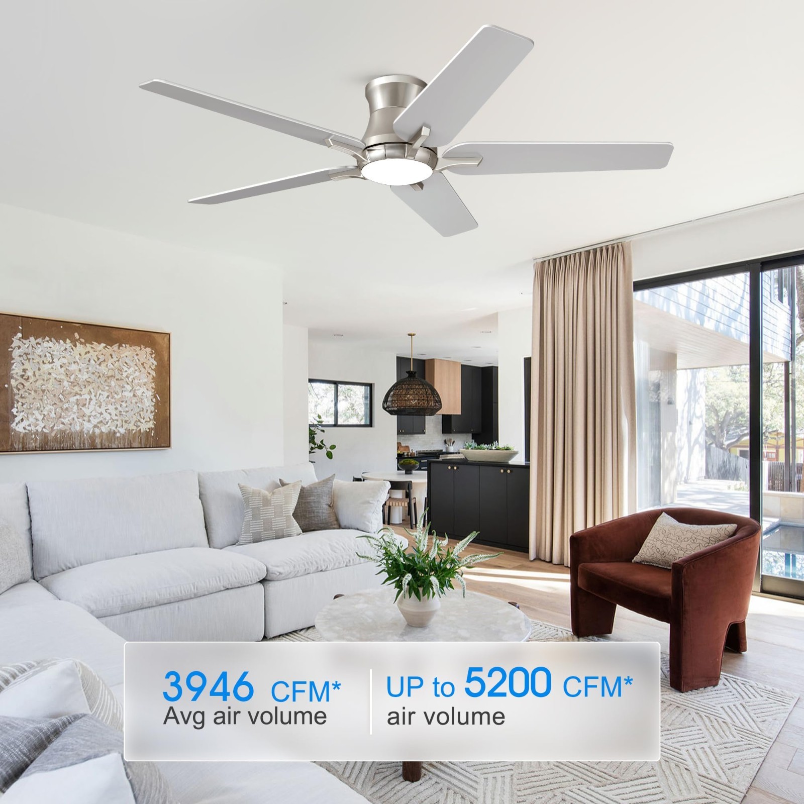 52" Ceiling Fan with Lights & Remote - Brushed Nickel, Low Profile, Dimmable, 6