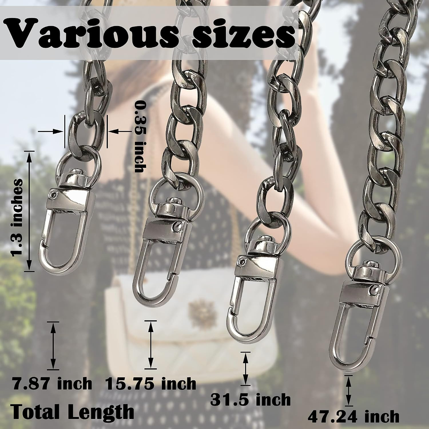4 Different Sizes Black Flat Purse Chain Strap | Chains with Metal Buckles Hook