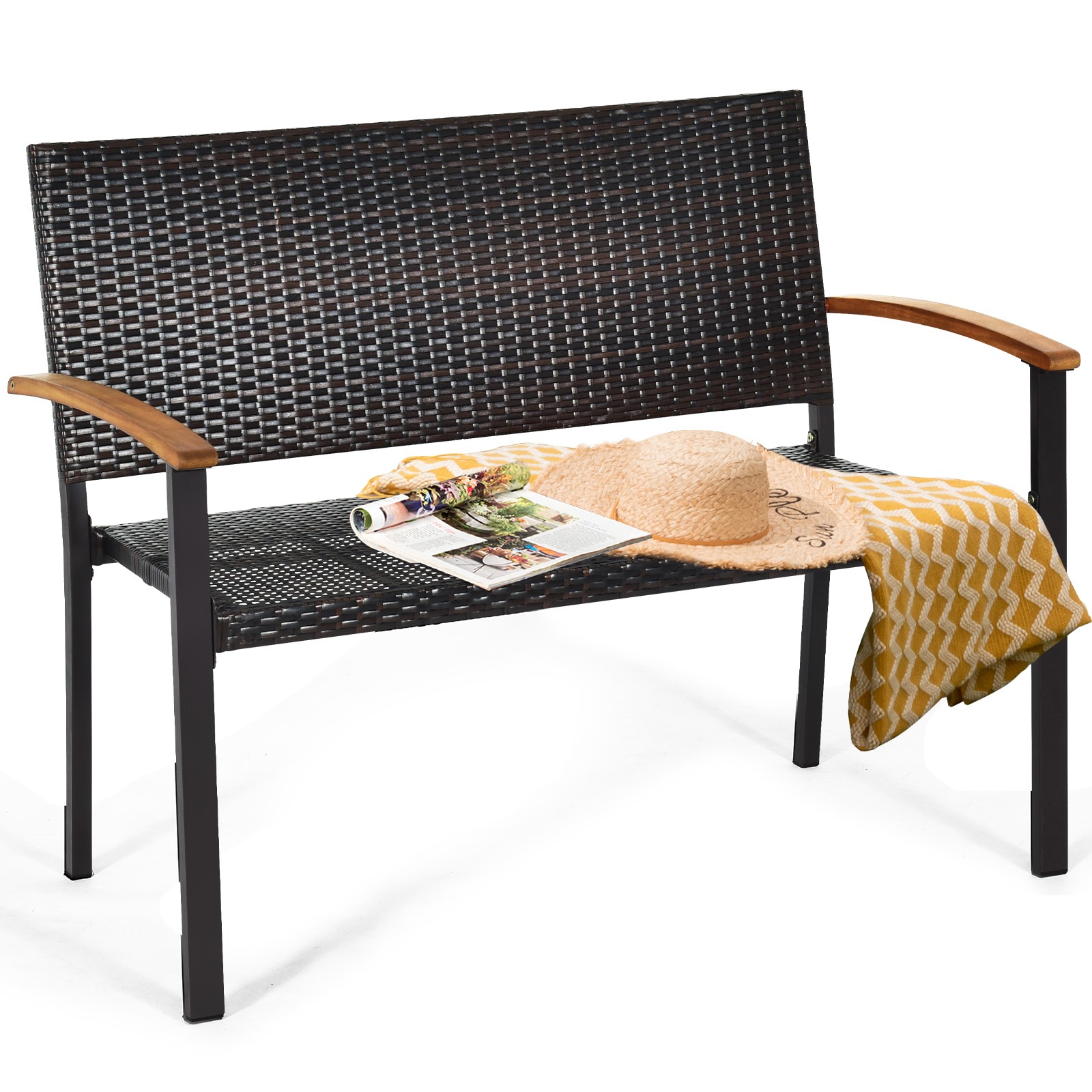 Patiojoy 2 PCS Patio Furniture Set Weather-Resistant Rattan Bench Wicker