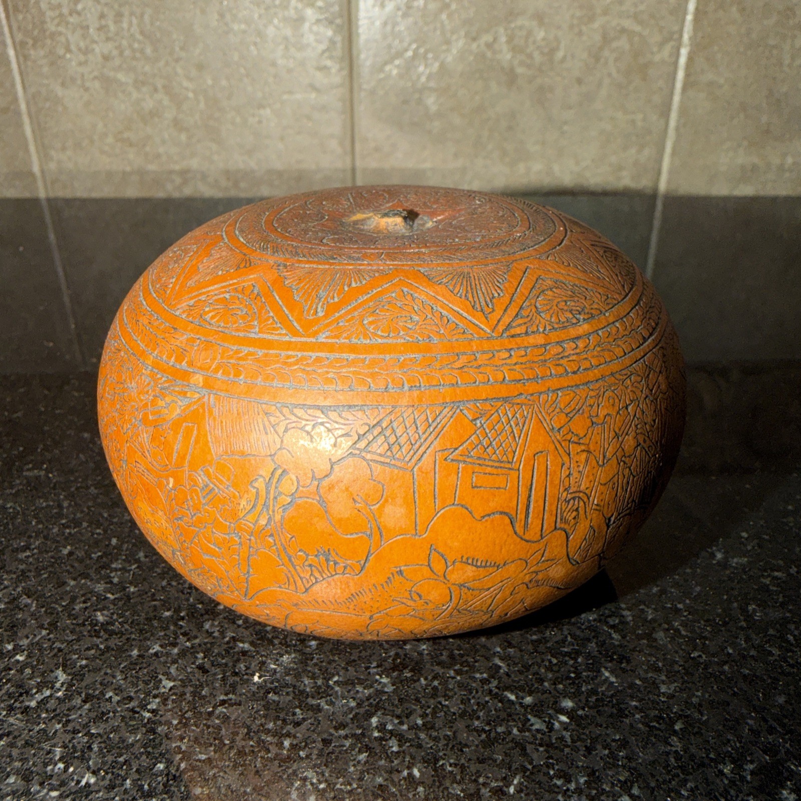 Vintage Peruvian Pictorial Gourd Hand Etched Carved Folk Art Animals town farmer