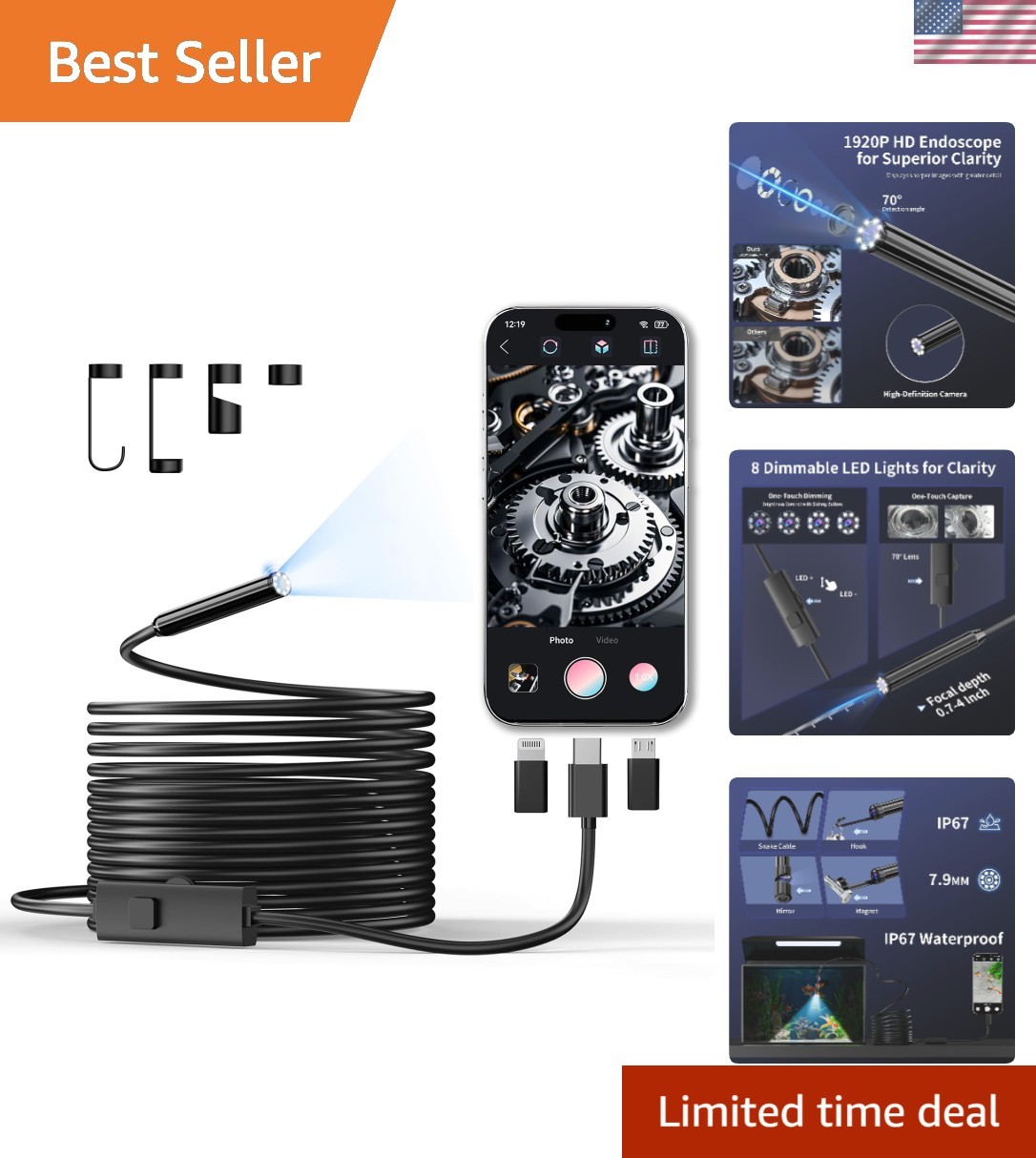 1920P HD Endoscope Camera with 8 LED Lights - Waterproof & 16.4ft Flexible Cable
