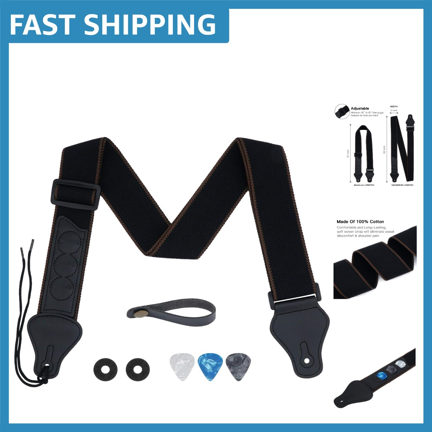 Adjustable Cotton Guitar Strap 36-62” with Picks & Locks for Comfort & Style