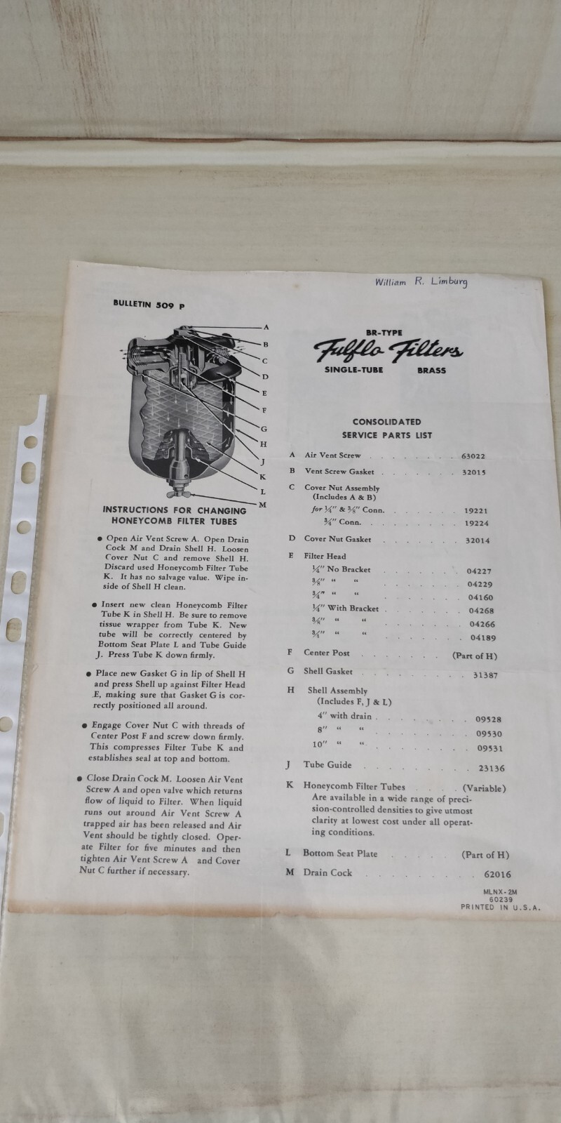 1950s ~ Bulletin 509/ Data Sheet ~ FULFLO Filters ~Instructions & Specifications
