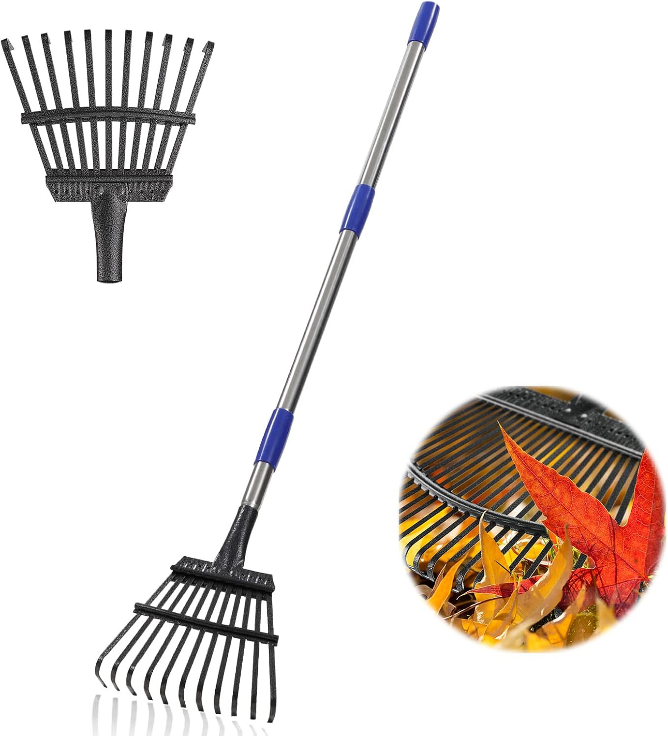 Garden Rake -Small Leaves Rakes for Gardening - 11 Metal Tines 8.5" Wide - 78" L