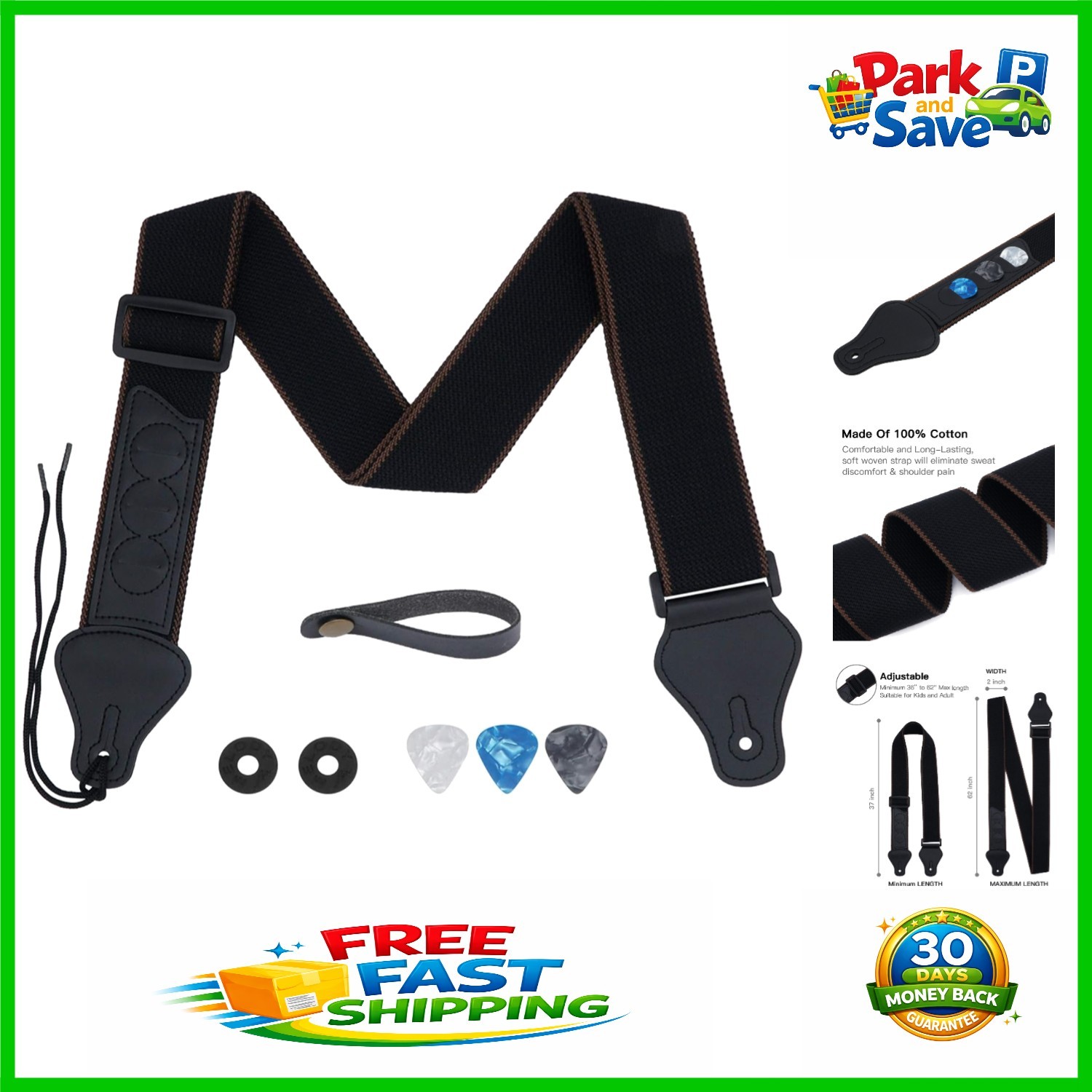 Comfortable Cotton Guitar Strap with Leather Ends & Strap Locks - Universal Fit