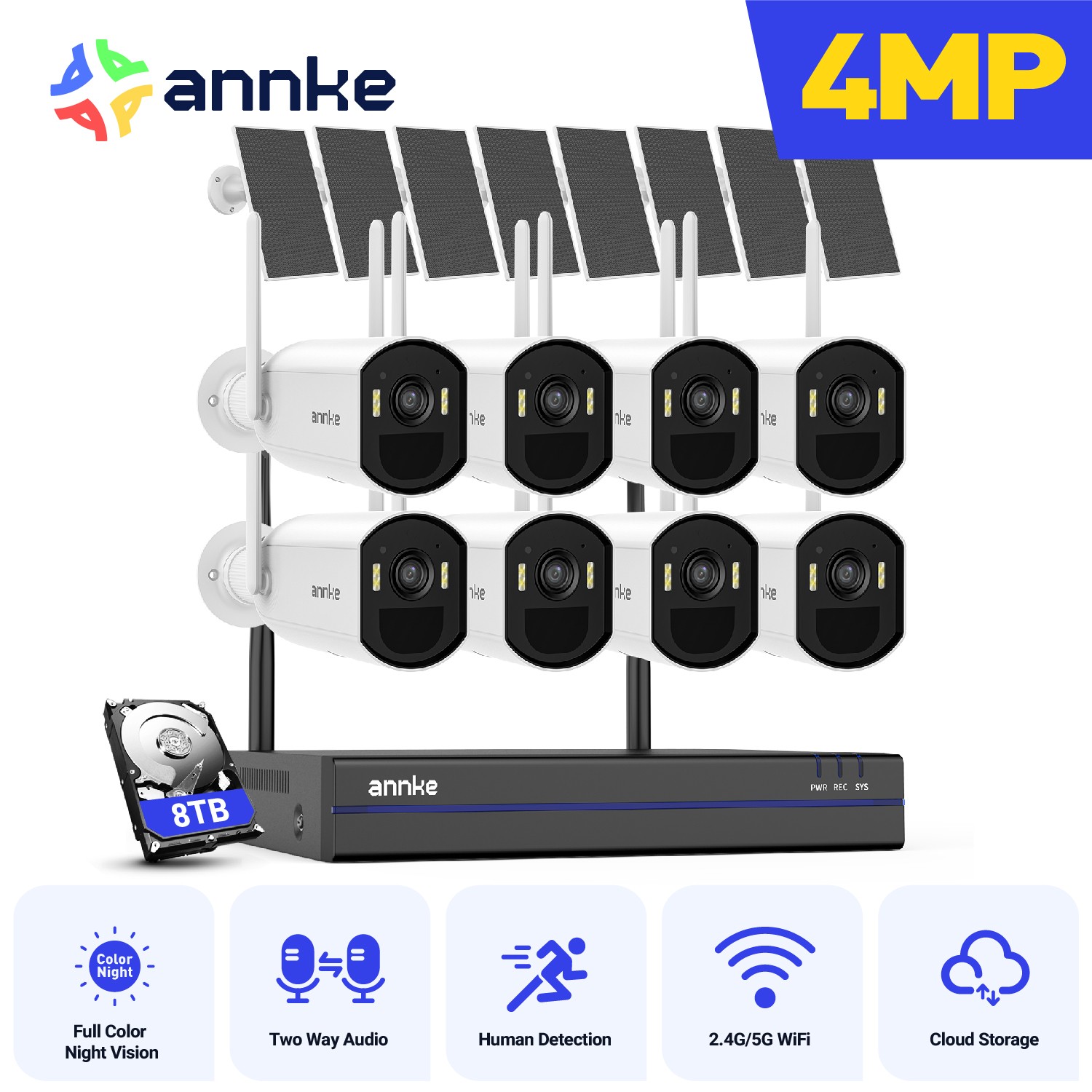 ANNKE 16CH 4MP Wireless Security Camera System Solar Battery Powered 2 Way Audio