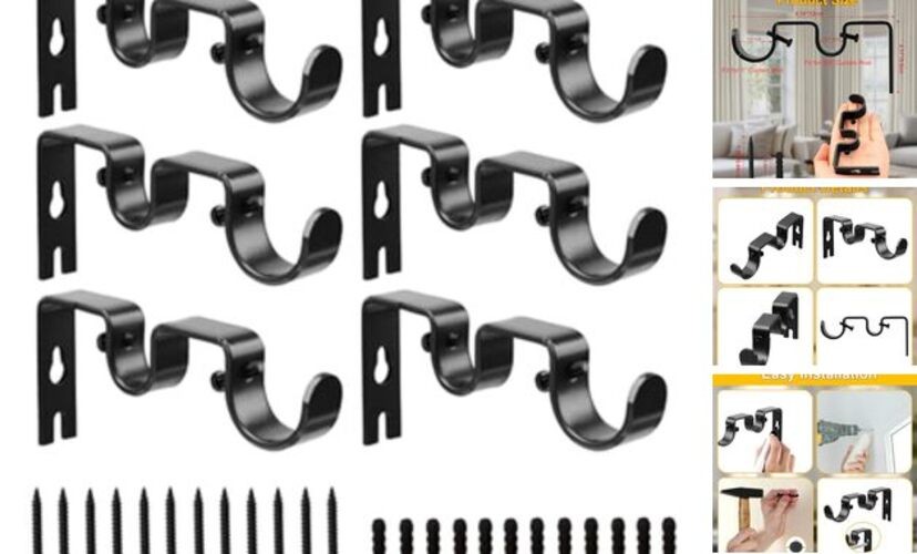 Double Curtain Rod Bracket,6 Pack Metal Curtain Rod Holders for Black