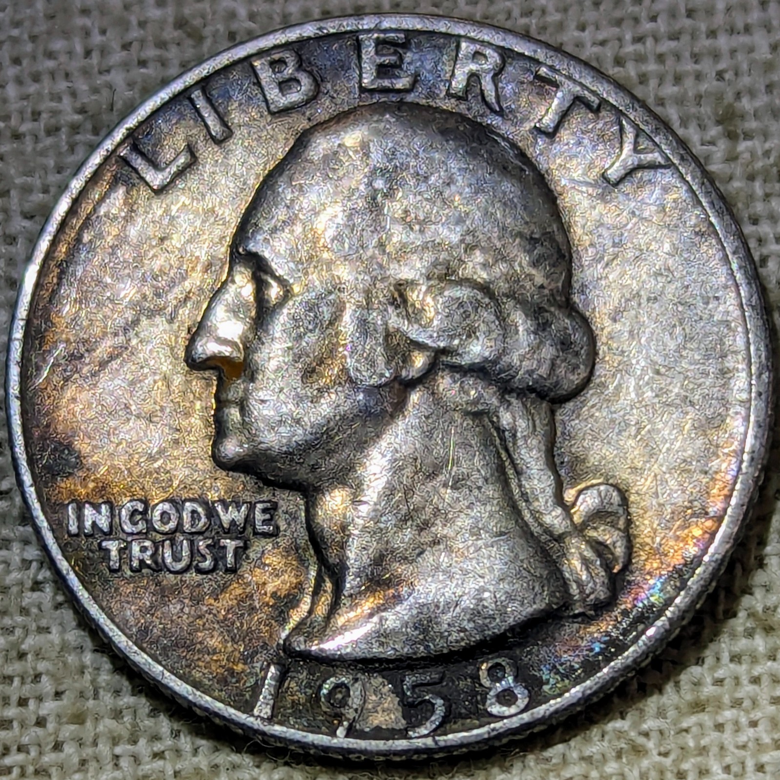 1958 D Washington Quarter XF : Extra Fine, Rainbow Tone - .9 Fine Silver Coin