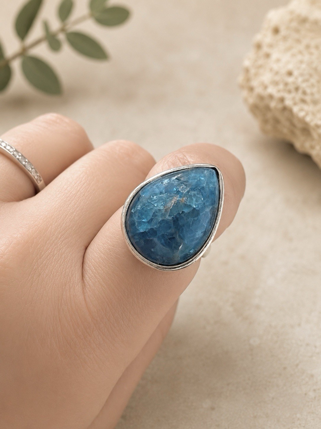 Blue Teardrop Natural Apatite Gemstone Sterling Silver Ring Sz 8.5