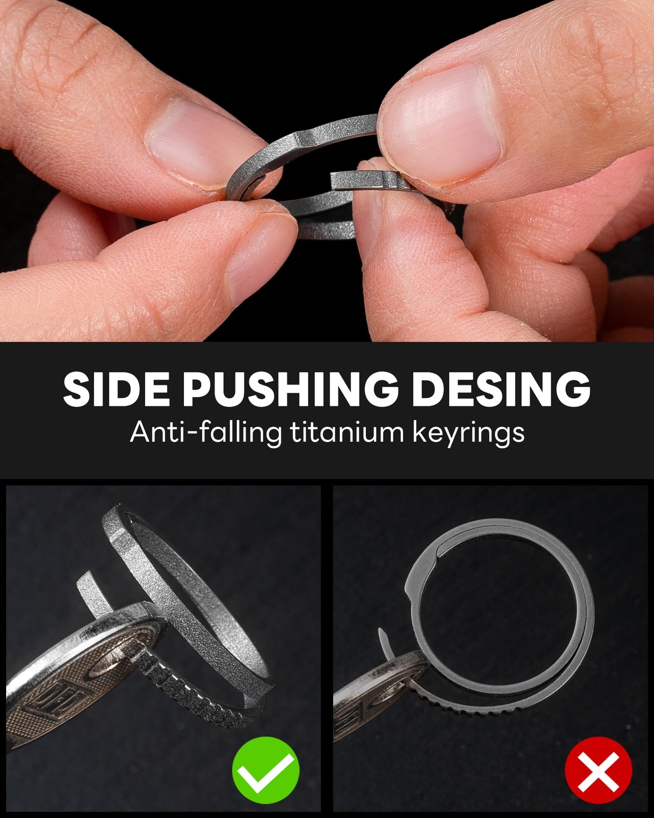 TISUR Titanium Keychain Rings, Split Side Pushing Heavy Duty 2pcs Grey Titanium