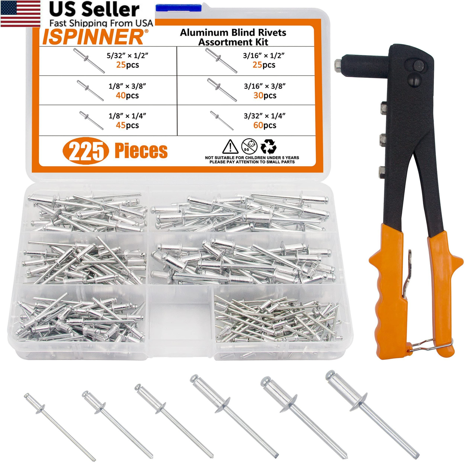 ISPINNER 225pcs Aluminum Blind Rivets Assortment Kit with Heavy Duty Hand...