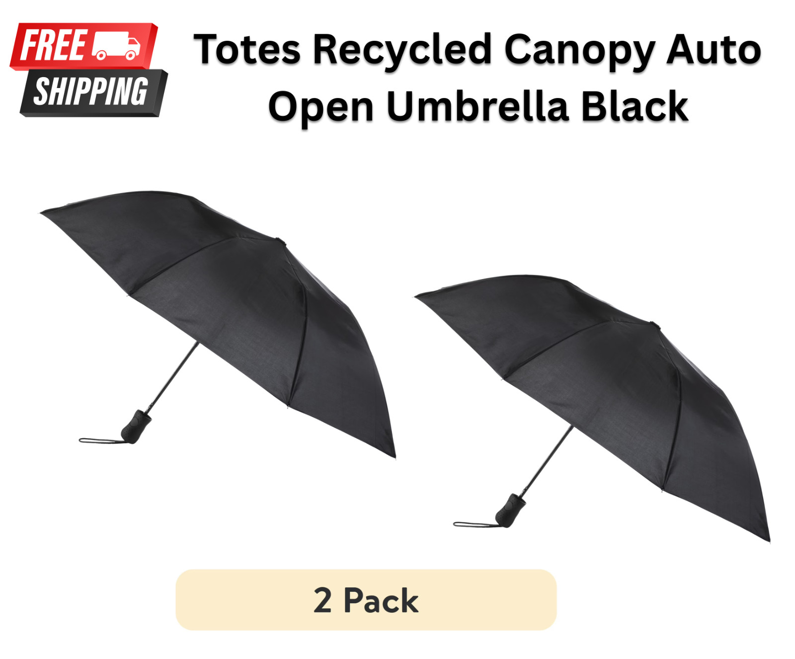 ( 2 PACK ) Totes - Black - Auto Open Umbrella With NeverWet - Recycled Fabric