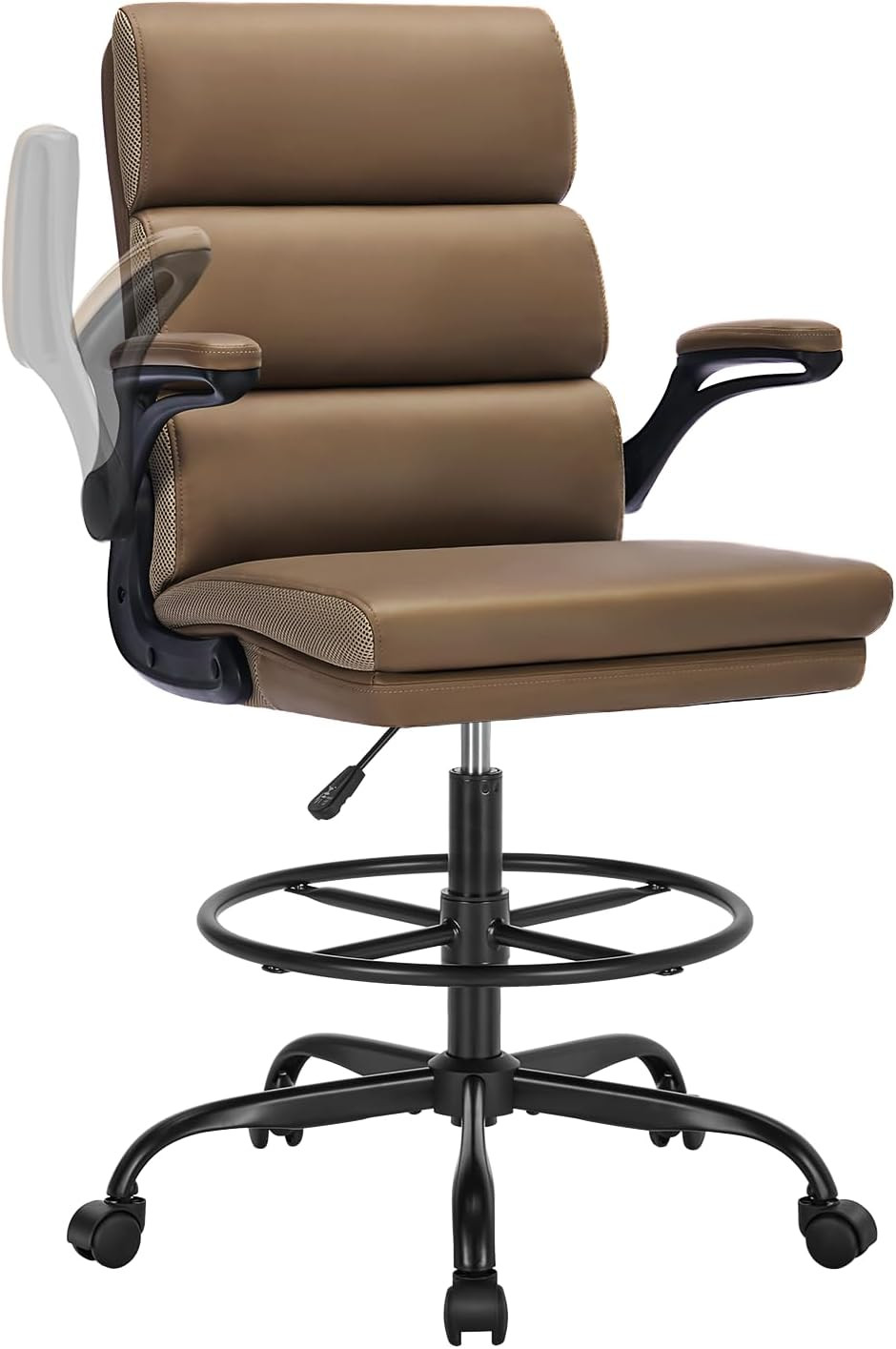 Tall Ergonomic Drafting Chair with Padded Armrests and Adjustable Footrest - Tan