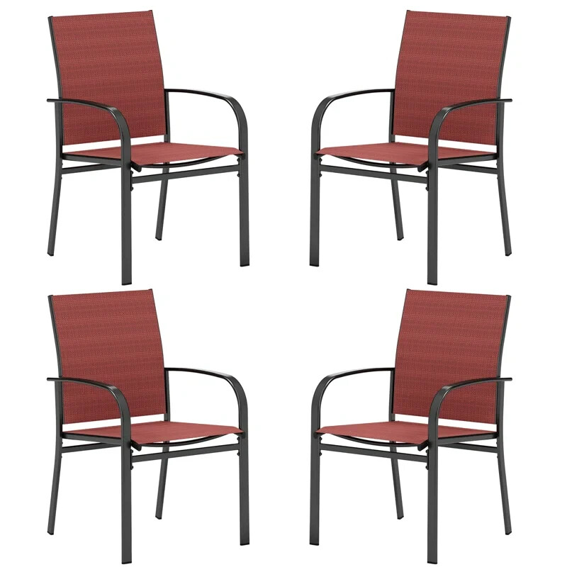 Outdoor Dining Chairs Set of 4 Powder-coated Steel Outdoor Dining Armchair Red