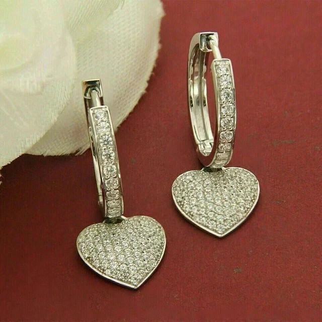 2Ct Round Lab Created Diamond Heart Drop Dangle Earrings 14k White Gold Plated