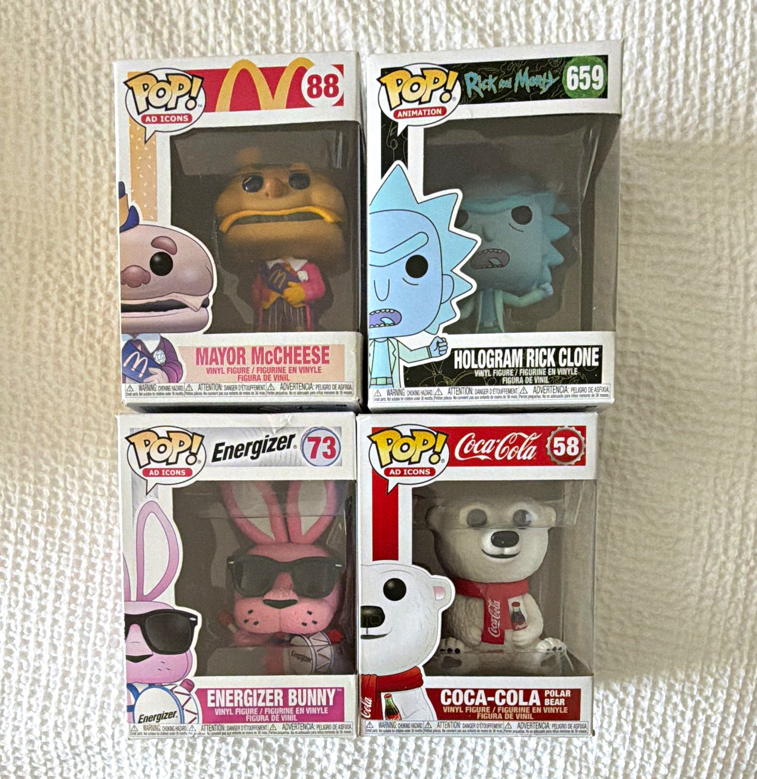 Funko Pop Lot 4 Boxed: Mayor McCheese, Holo Rick, Energizer Bunny, Coke Bear