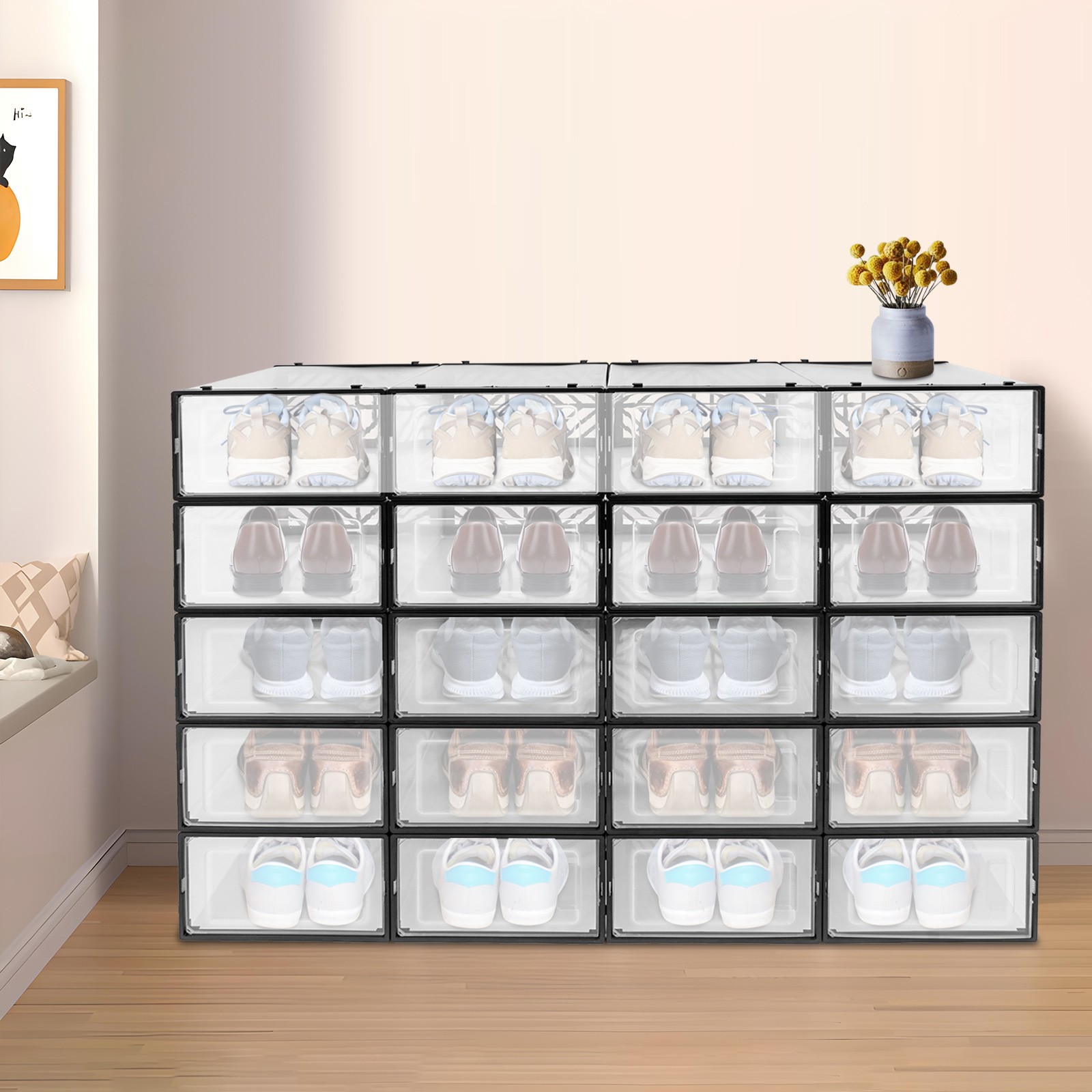 20 Pack Clear Plastic Shoe Boxes With Lids Stackable Storage Container Organizer