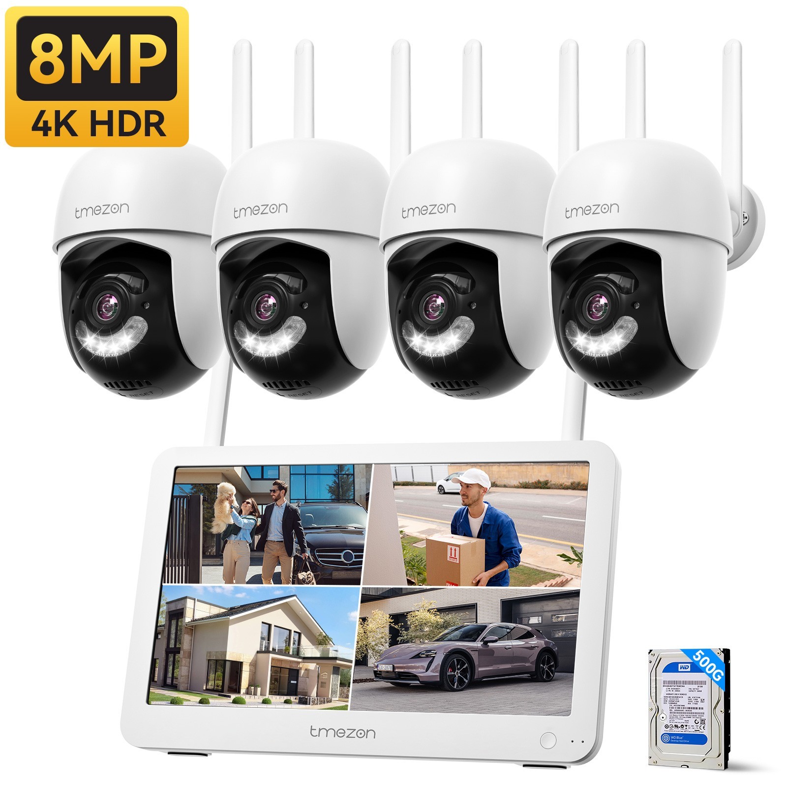 8MP Wireless Home IP Camera System CCTV 12''Monitor 500G IP66 Waterproof