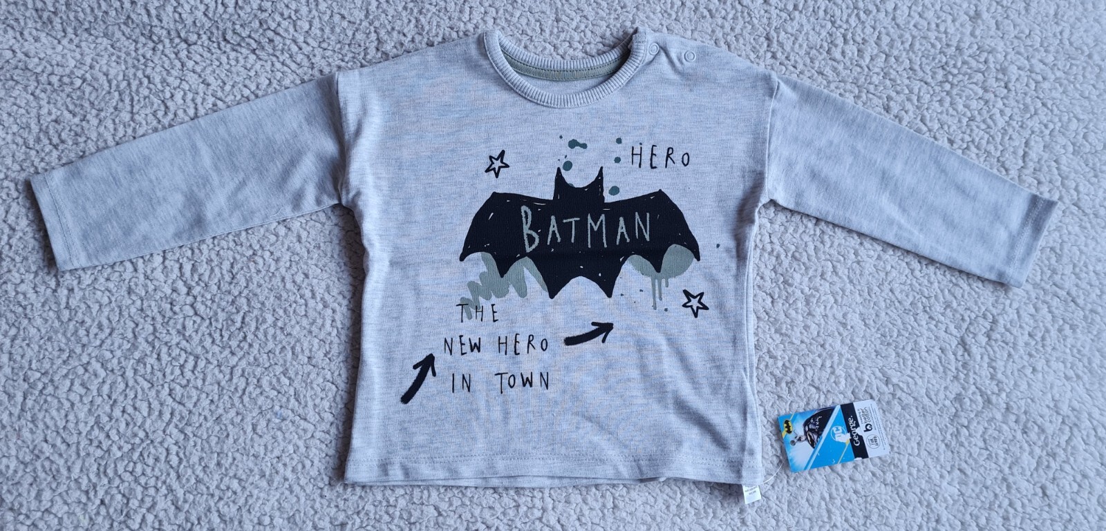 DC Comic Batman Log Print Kids Long Sleeve Grey Top 12-18 Months Brand New WL