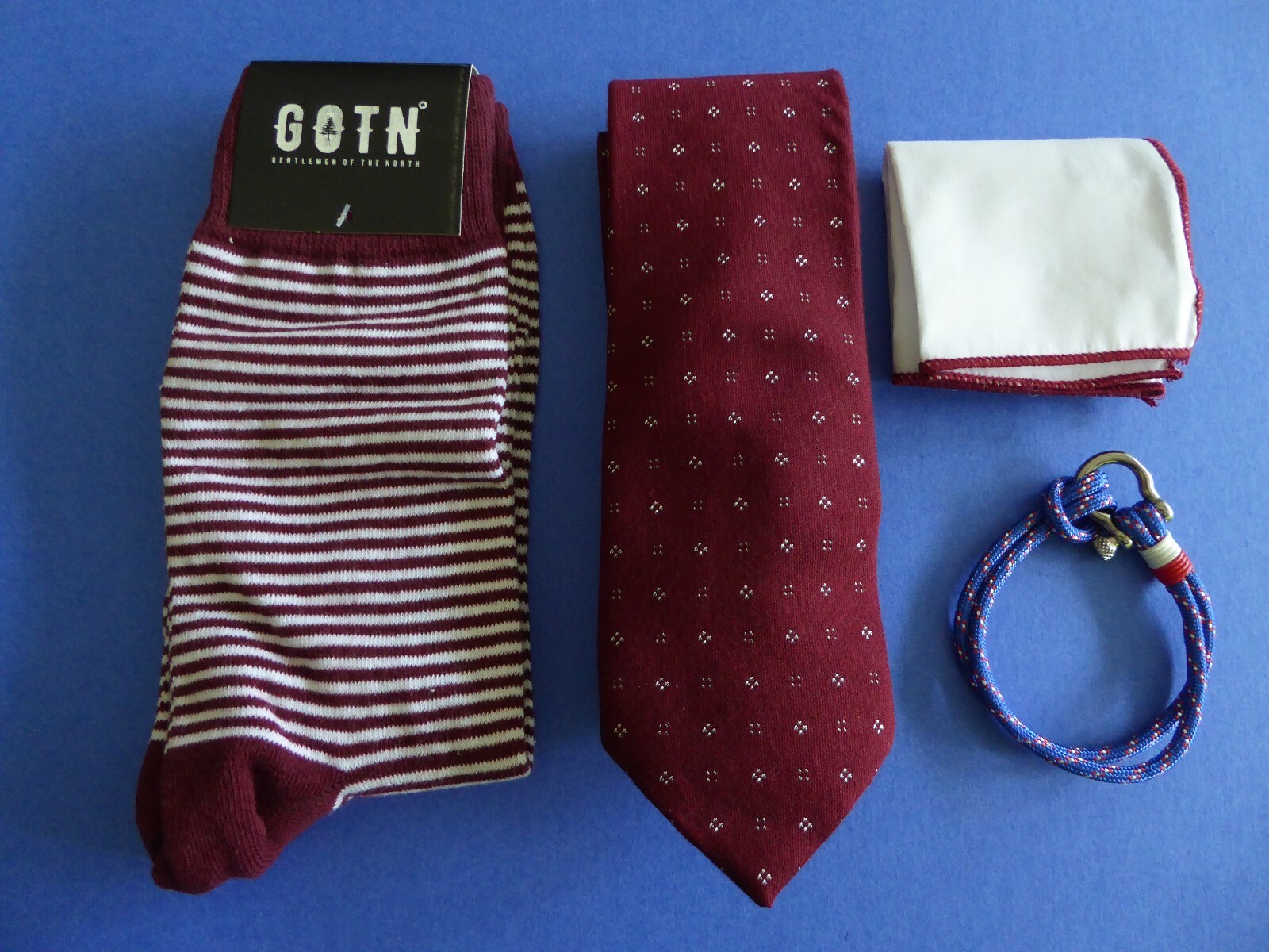 The Dirty Collar Burgundy Tie + GOTN Socks + Pocket Square + Tropicalia Bracelet