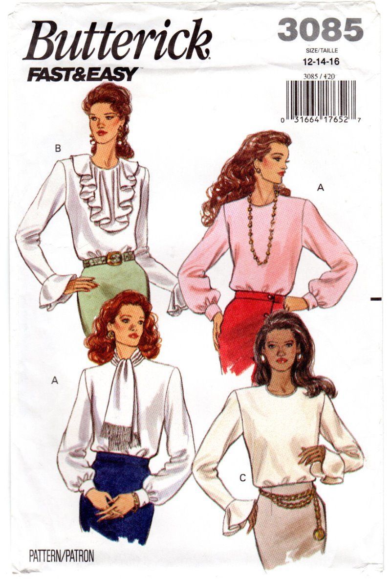 Butterick 3085 Misses/Petite Loose-fitting Pullover Blouse Scarf 12,14,16 UNCUT