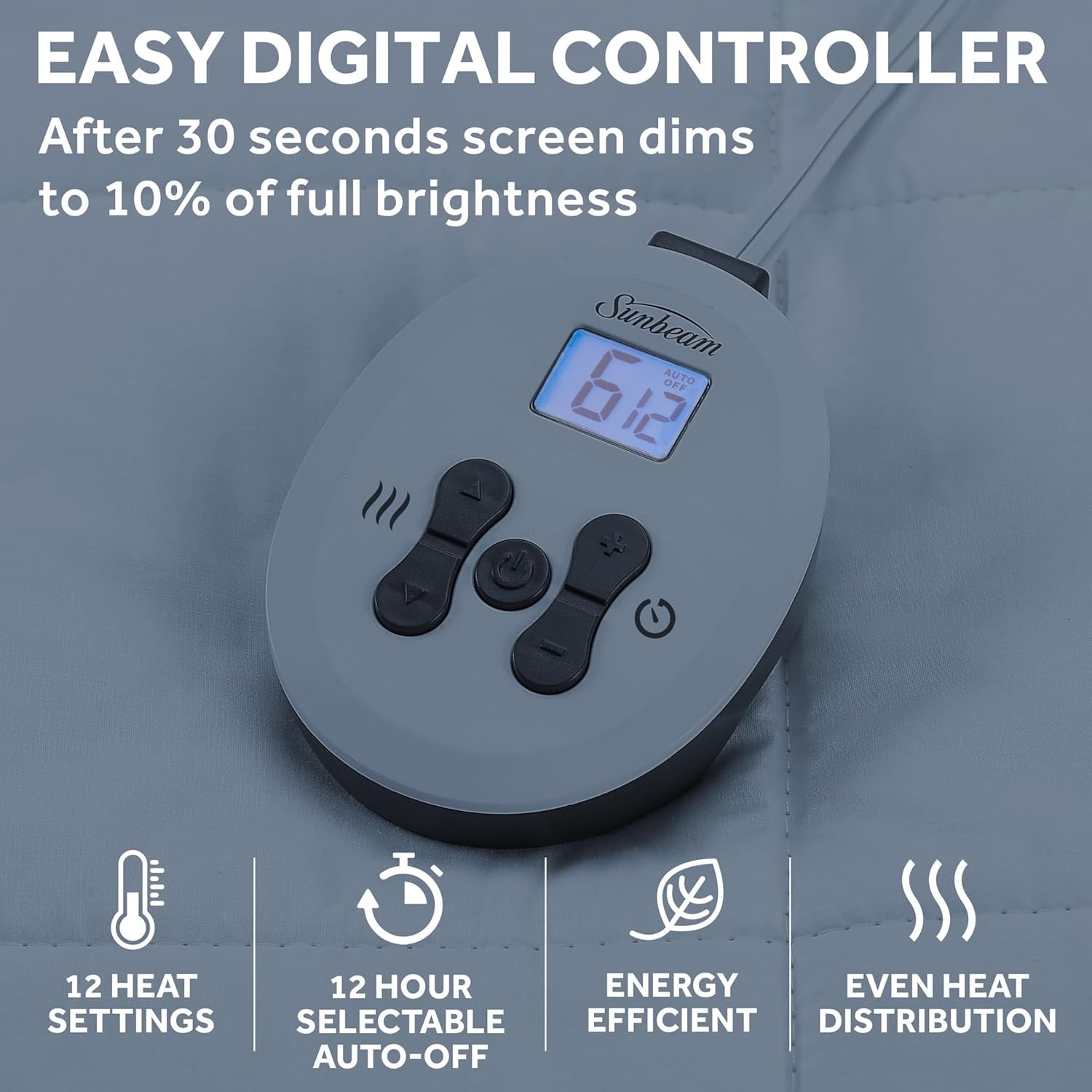 Sunbeam Electric Restful Heated Mattress Pad, 12 Heat Settings, Twin, White