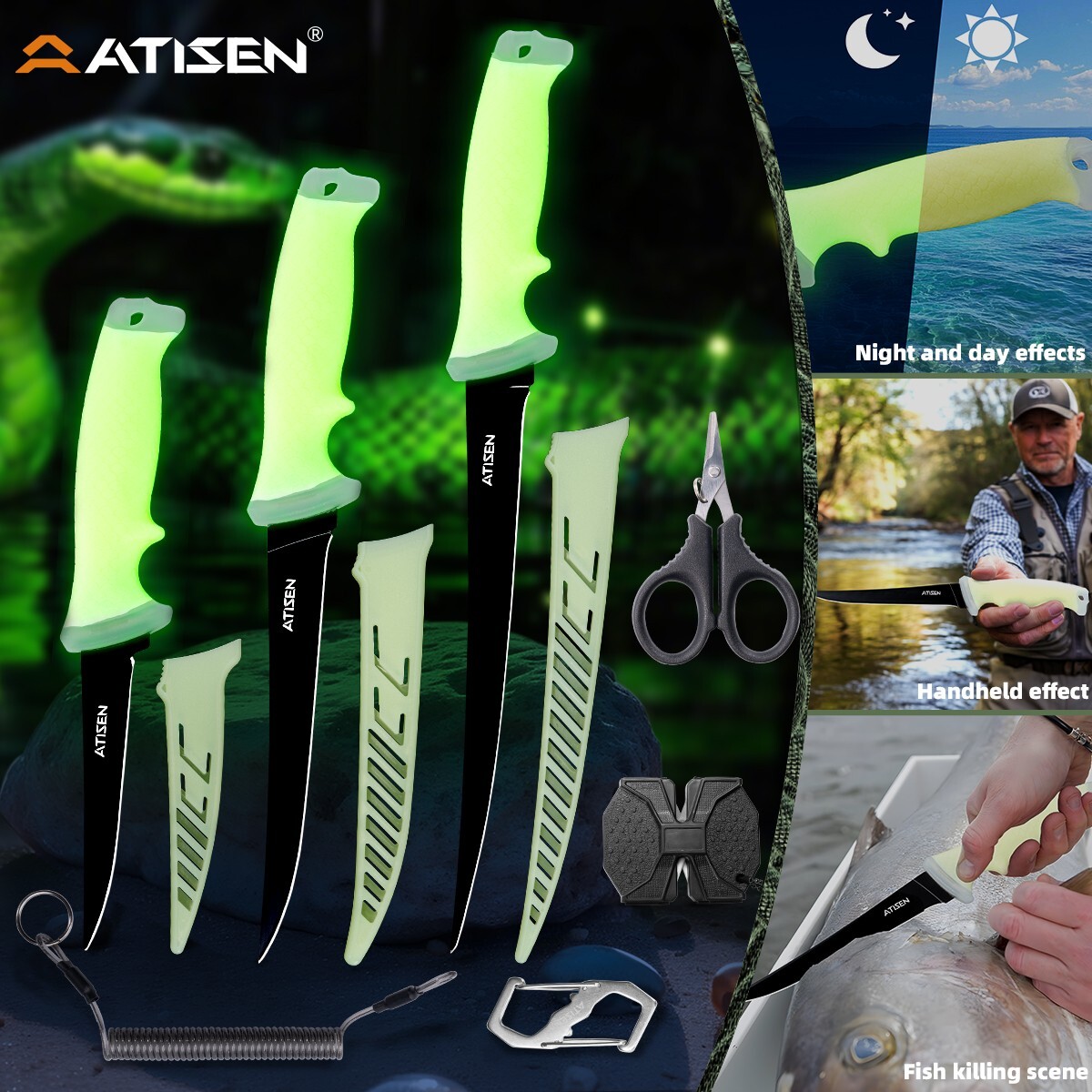 Luminou fish knife,food-grade stainless steel,can precisely cut even in the dark