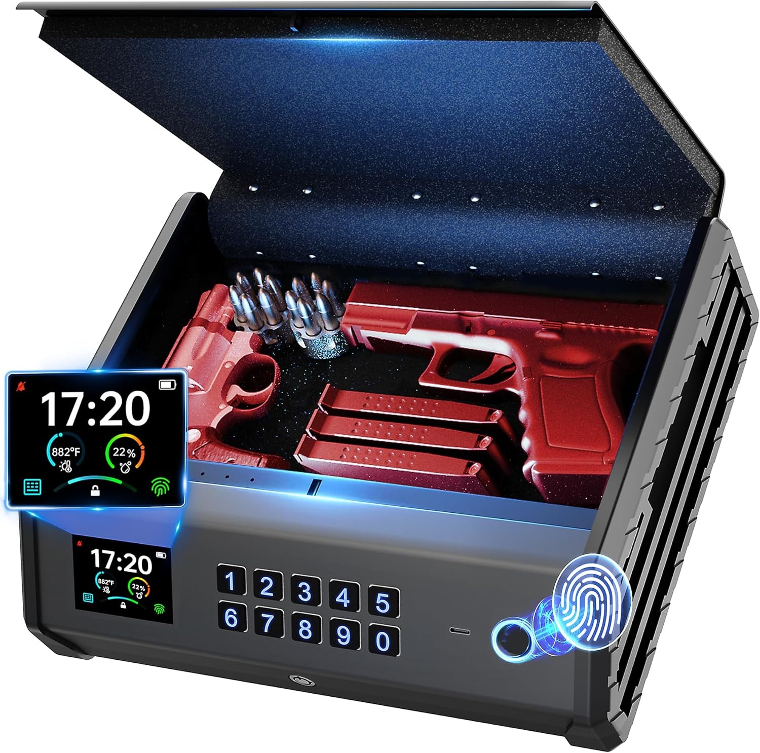 Caja Fuerte Pistola Biométrica 3 Modos LCD USB