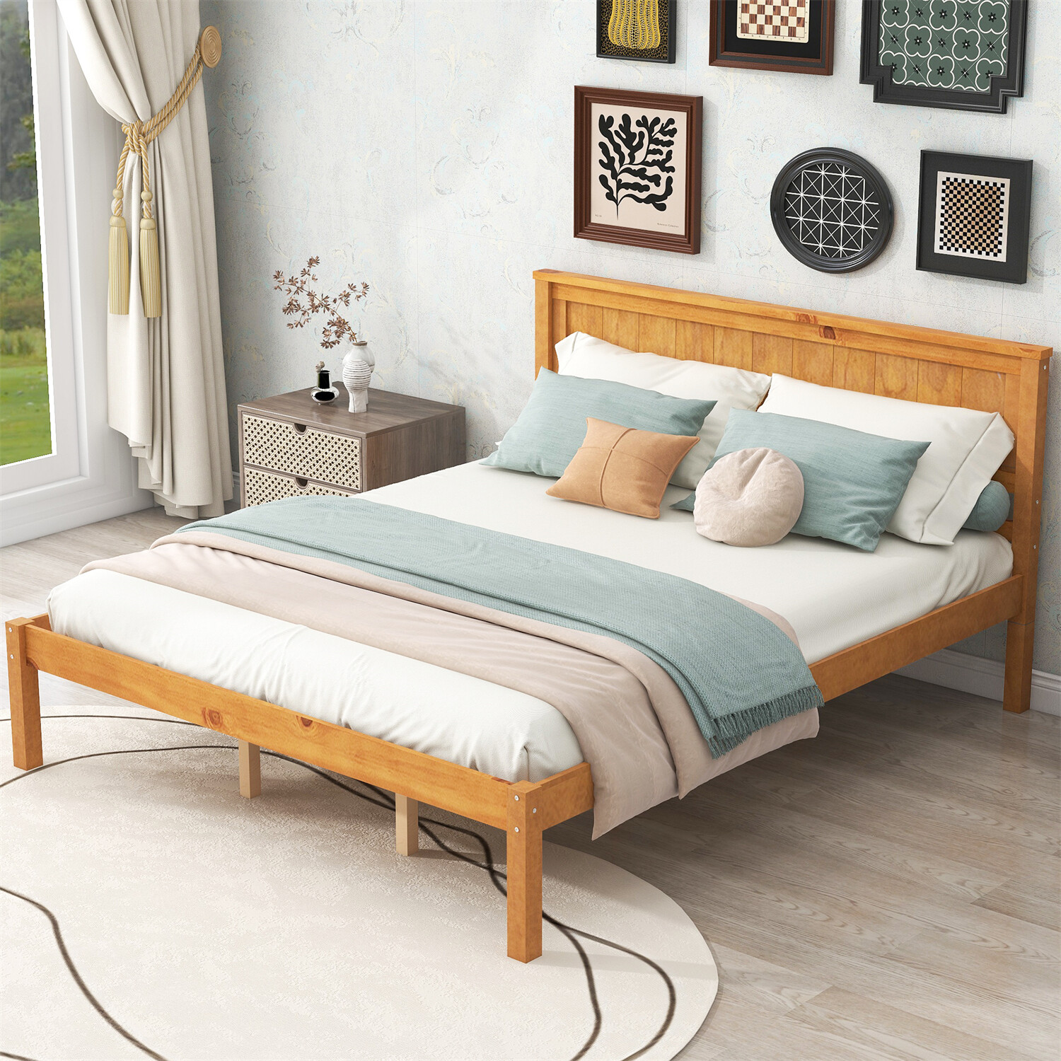 Queen Size Bed Frame Wood Platform Bed w/ Headboard Wooden Slat Support Oak US