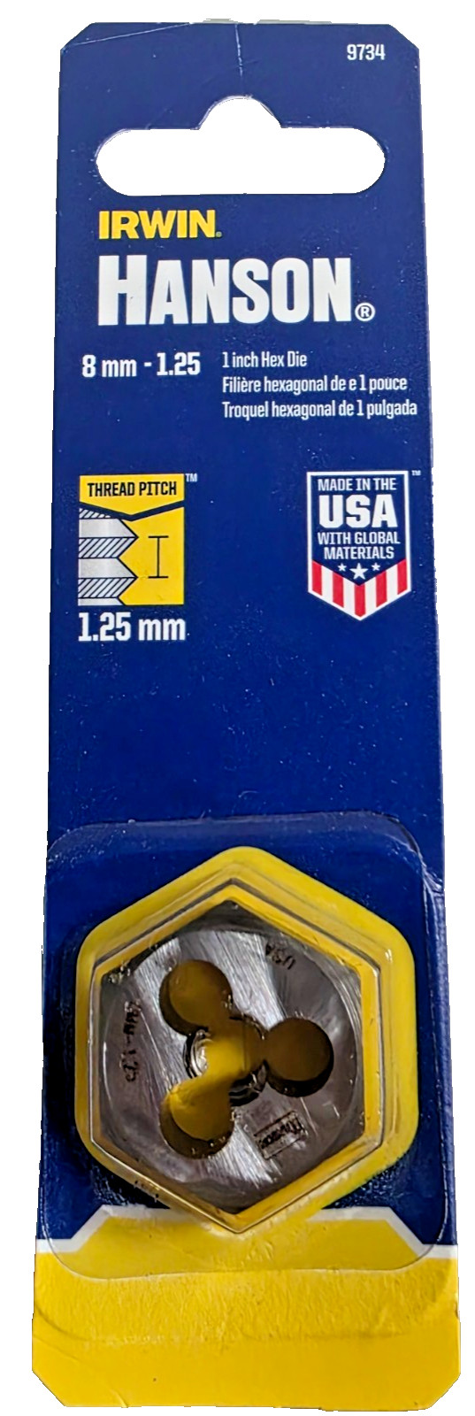 M8 X 1.25 Metric 1" Hex Die Irwin Hanson 6634 8MM Carbon Steel USA RH Rethd