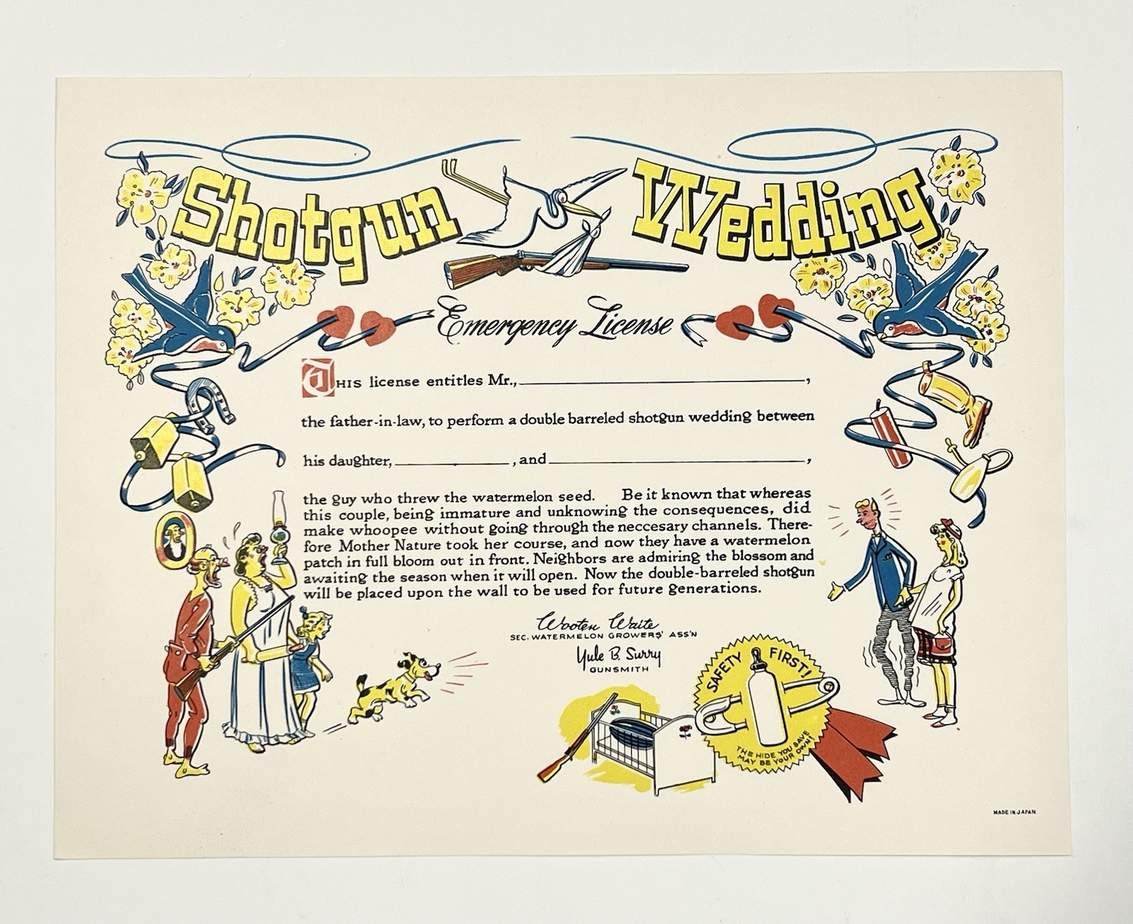 Vtg 1950’s Shotgun Wedding Emergency Marriage License Novelty Japan Mint! (f2)