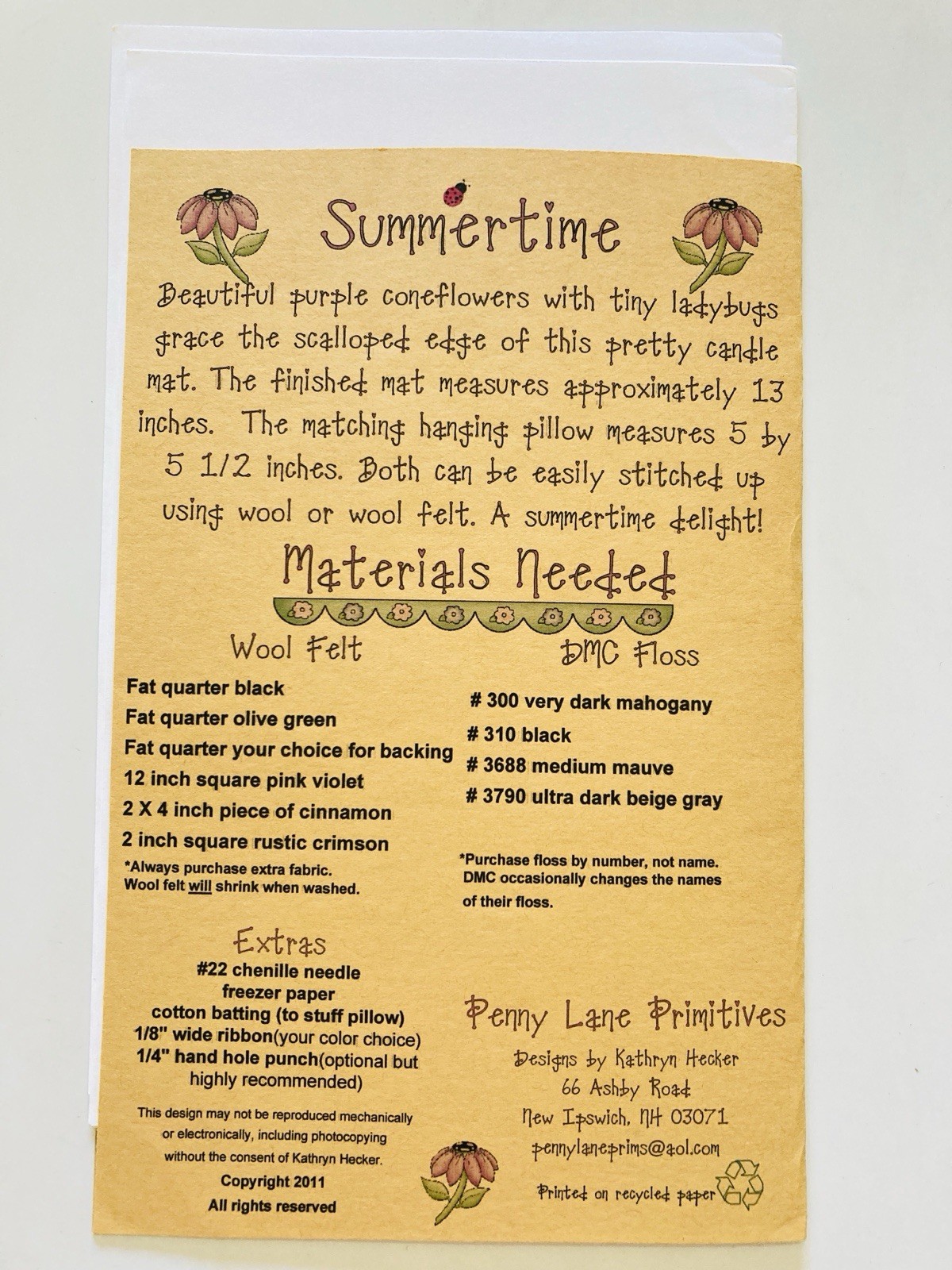 Penny Lane Primitives Candle Mat Summertime #122 Wool Felt Applique Pattern