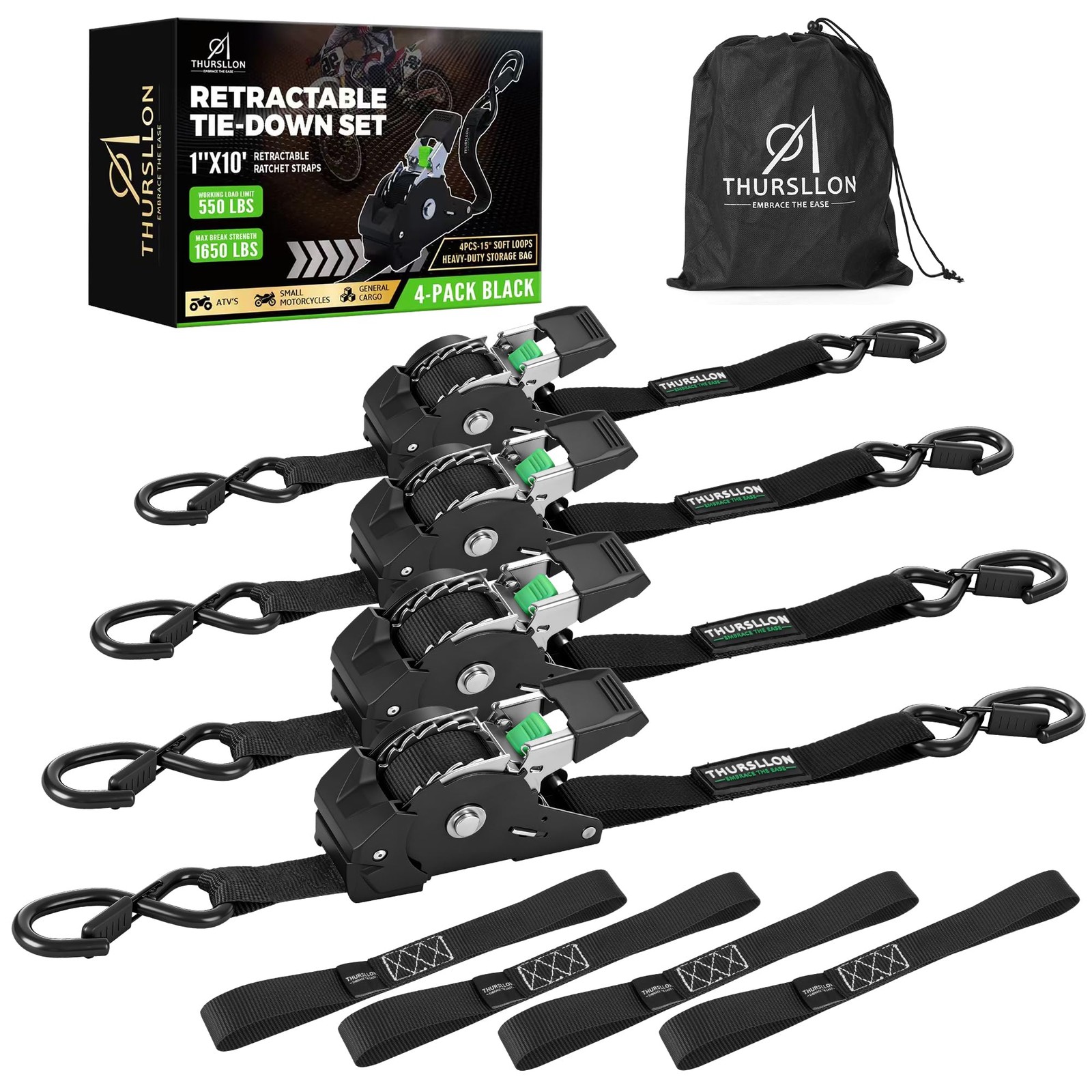 Retractable Ratchet Straps (4-Pack) - 1 Inch x 10 Feet (1,650lb Break Strengt...
