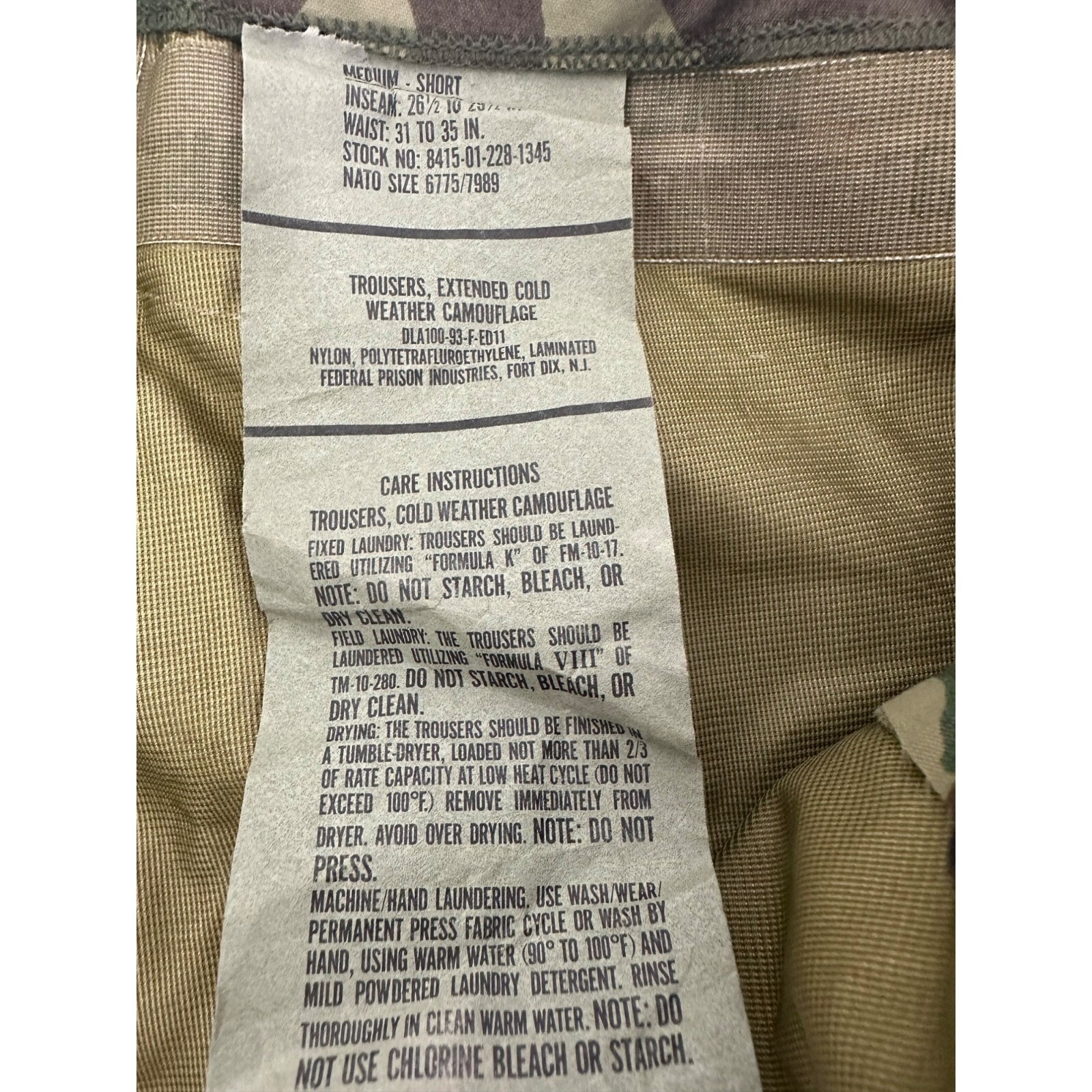 USGI Extended Cold Weather Trousers 8515-01-228-1345 Size Medium-Short