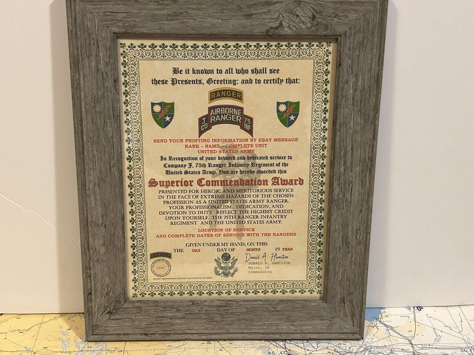 U.S. ARMY - 75TH RANGER / J CO - SUPERIOR COMMENDATION AWARD CERTIFICATE