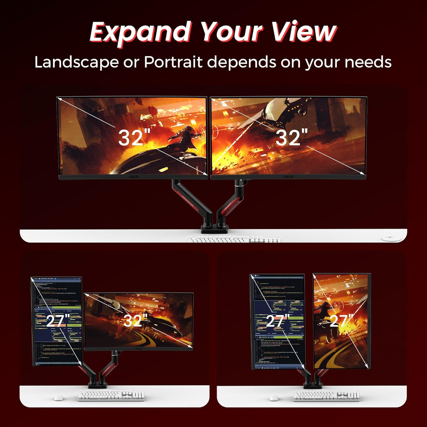 Red Dual Monitor Mount for 13-32" Screens, 360° Rotation, VESA Compatible