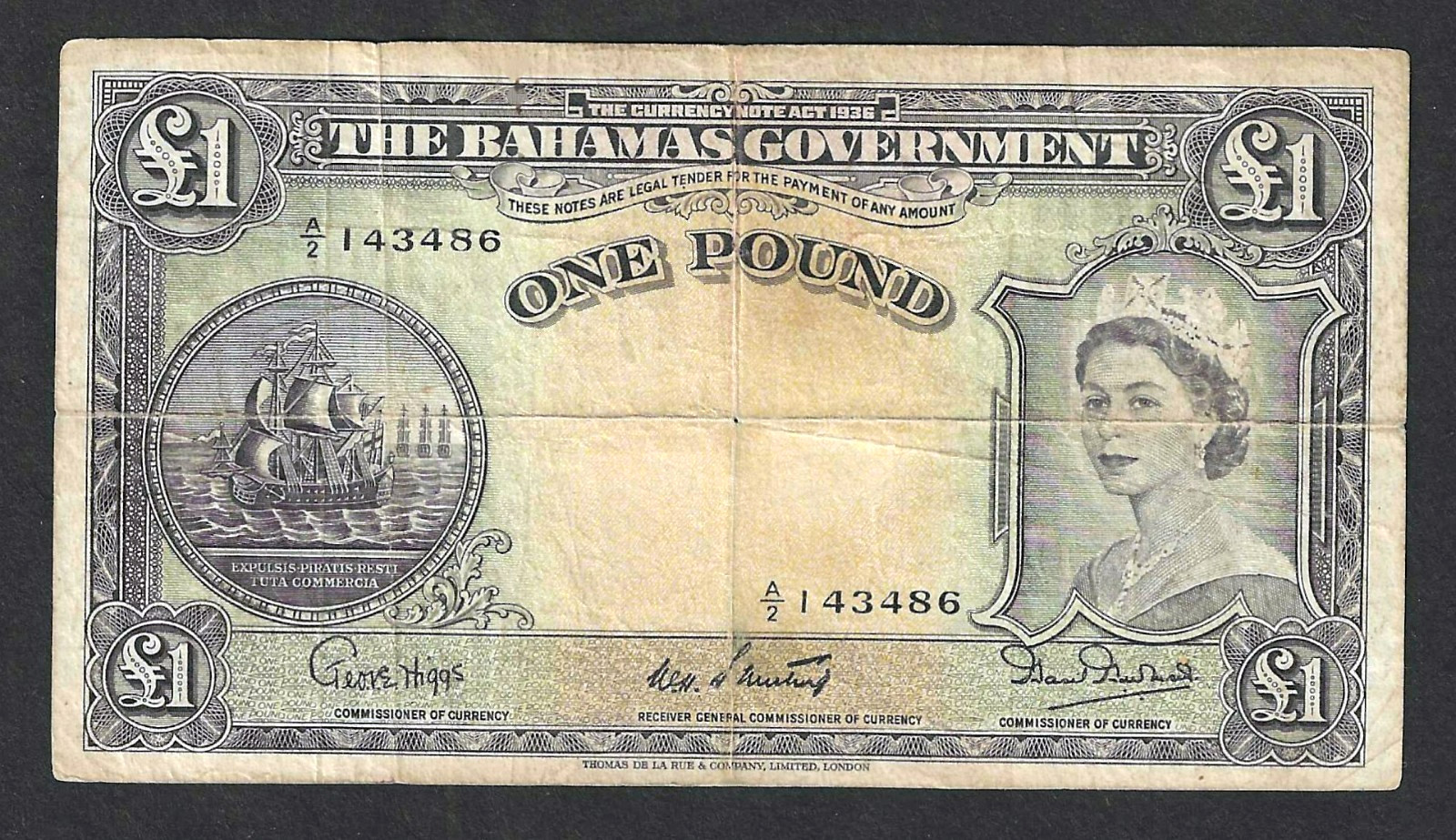 BAHAMAS 1 POUND (1953) ~ P-15b ~ TOUGH SWEETING-BURNSIDE SIGNATURES ~ VERY FINE
