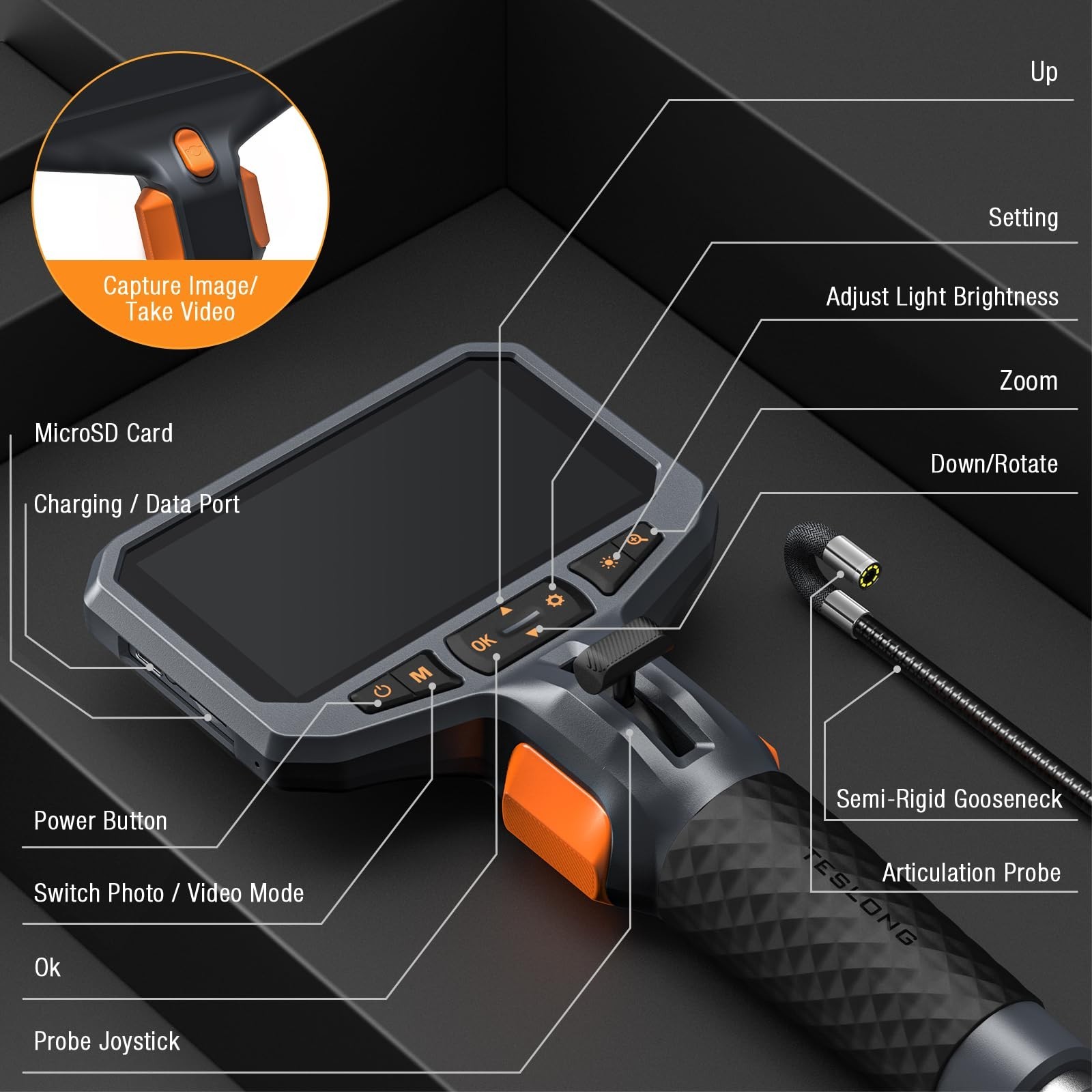 Flexible Articulating Borescope Endoscope Camera with Light for Automotive & Wal