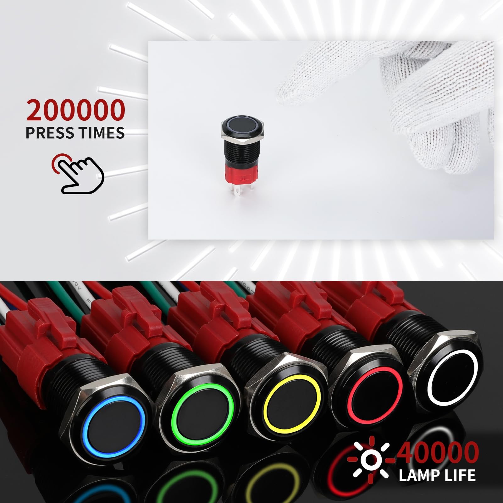 YMJSAN 16mm Momentary Push Button Switch 12V DC On Off Black Shell-Red