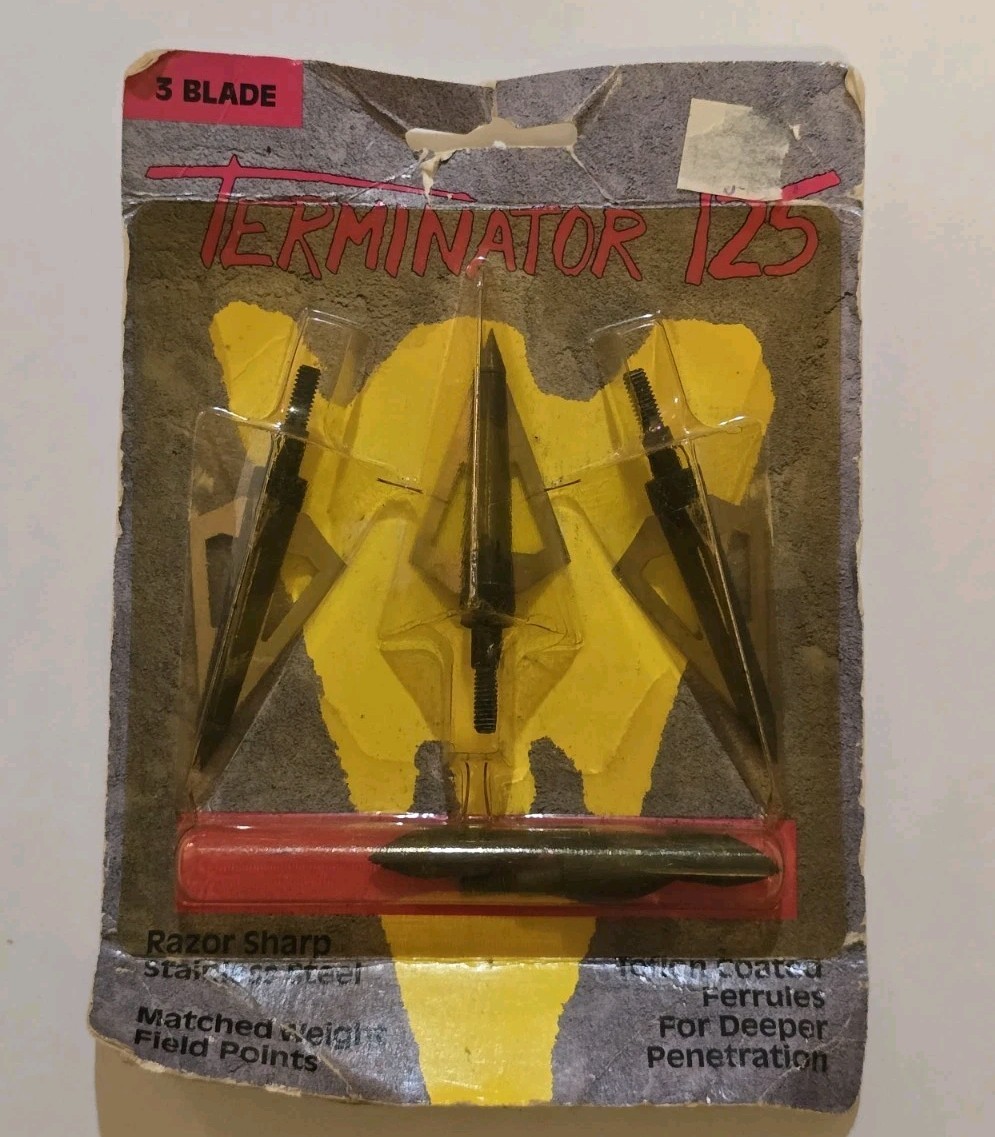 Vintage TERMINATOR 125 Broadhead 3 Blade The Game Tracker Qty 3 w/field points