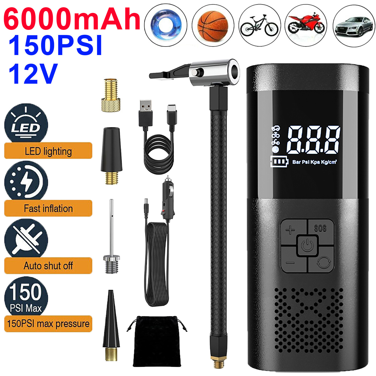 Car Air Tire Pump Inflator Compressor Digital Electric Auto 150PSI 12V 6000mAh