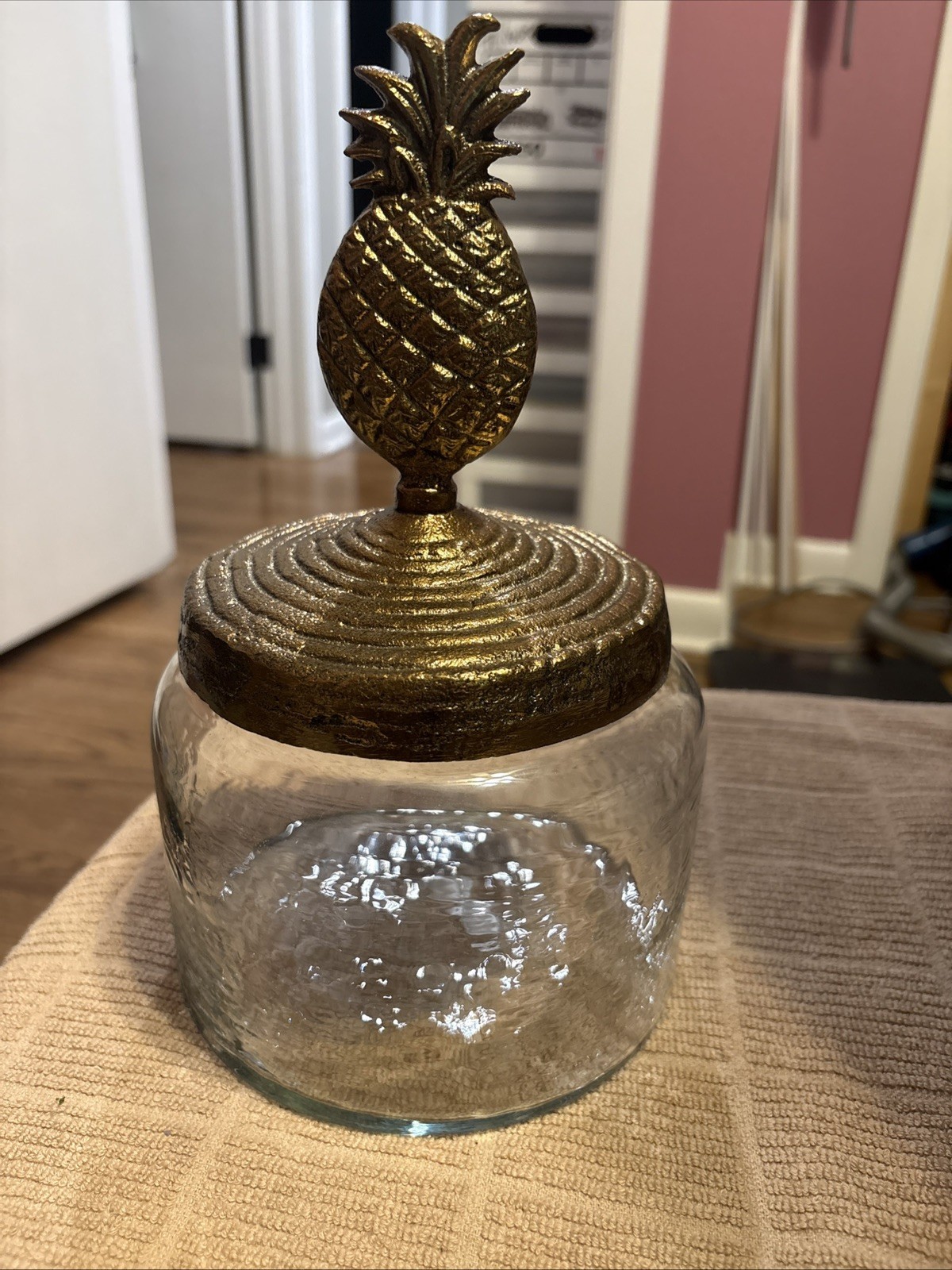 Gold Colored Metal Pineapple Apothecary Jar and Lis from Pier 1. Never used.