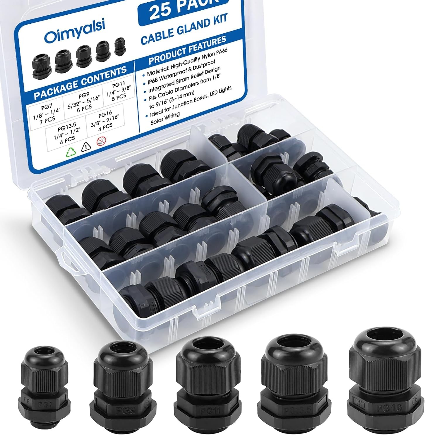 25-Pack Cable Gland Kit IP68 Waterproof Nylon Cord Grip PG7-PG16 Black