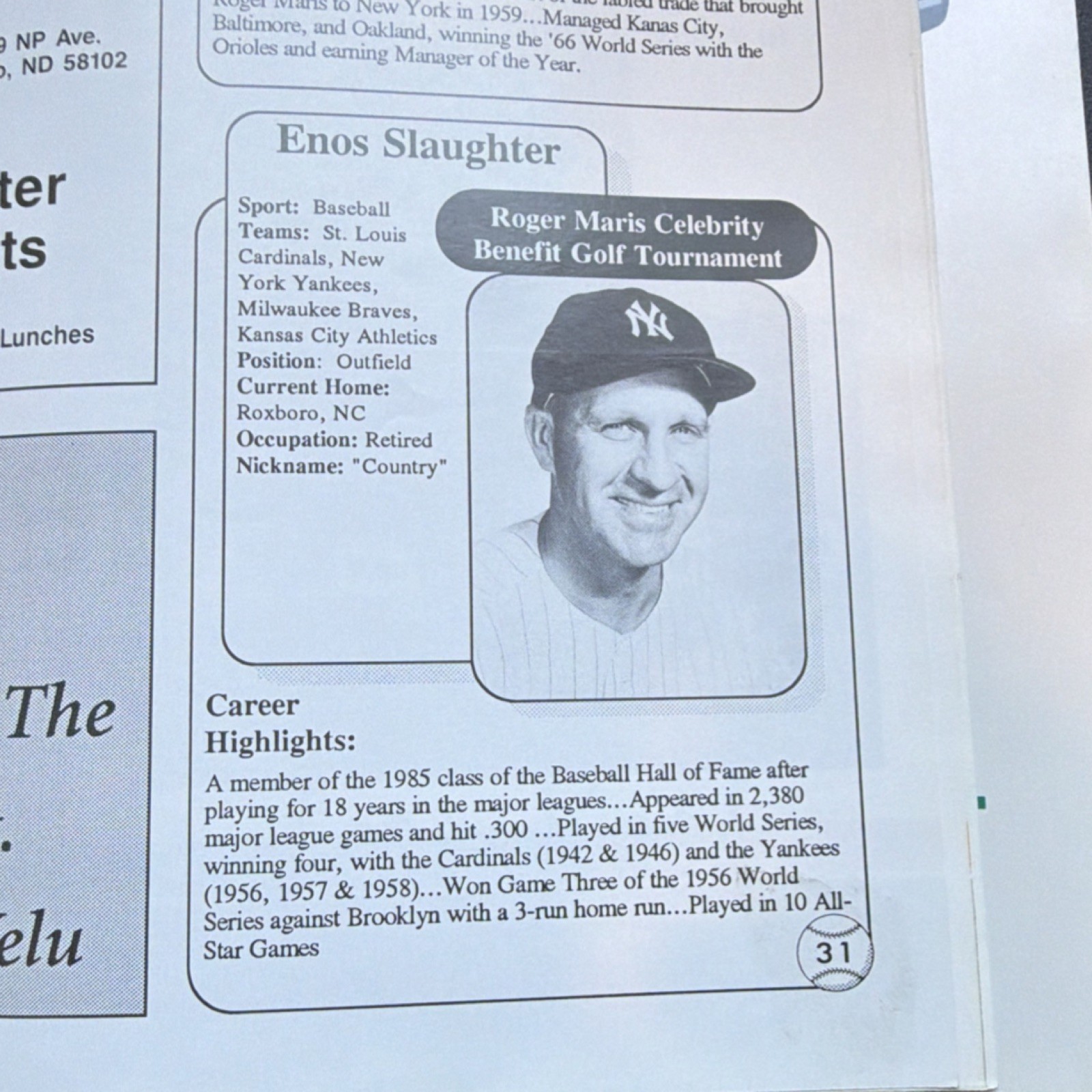 Roger Maris 1995 Celebrity Benefit Golf Tournament Autographed Program