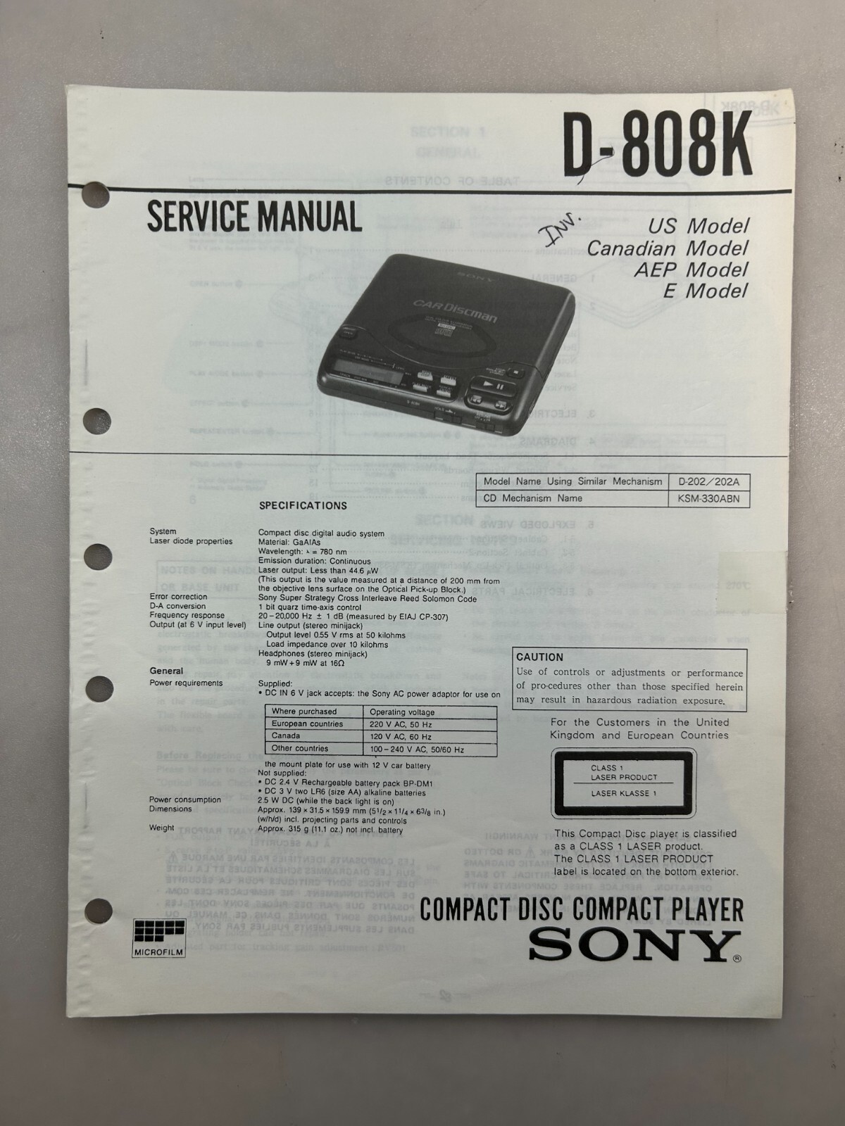Sony D-808 Original Service Manual Free Shipping