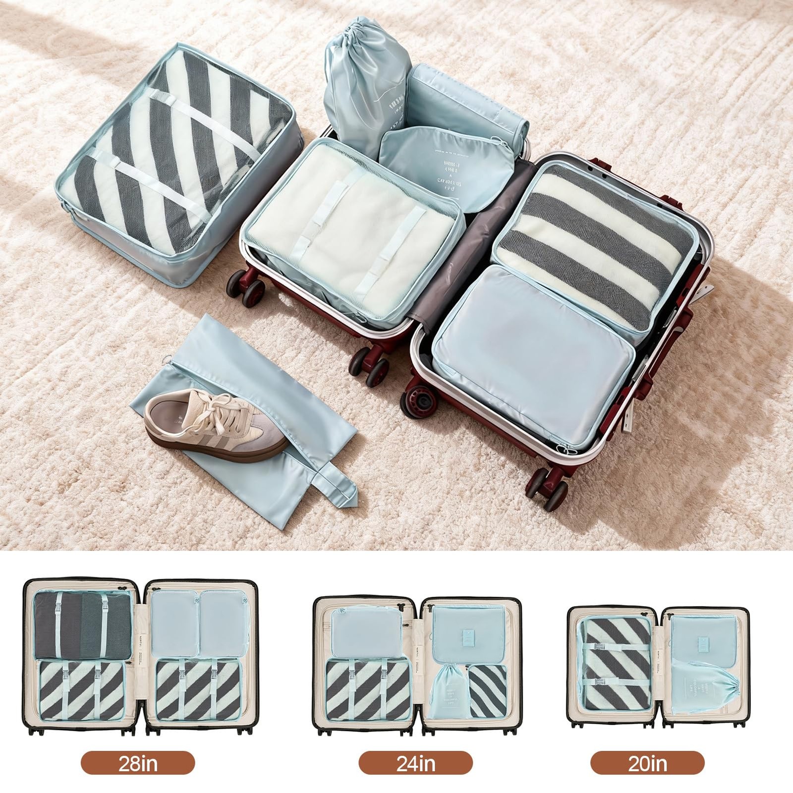 8 PCS Blue Compression Packing Cubes Travel Essentials Suitcase Organizer