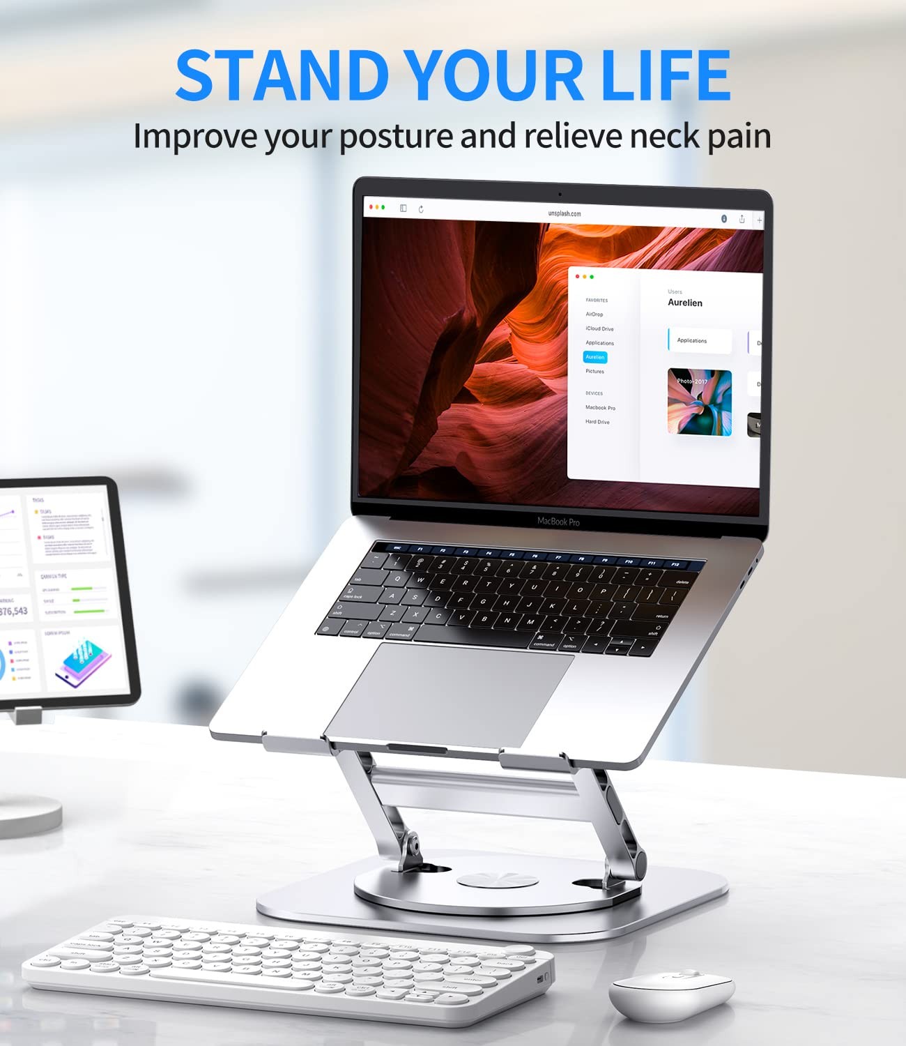 Adjustable Laptop Stand 360 Rotating Base Foldable Computer Riser Silver