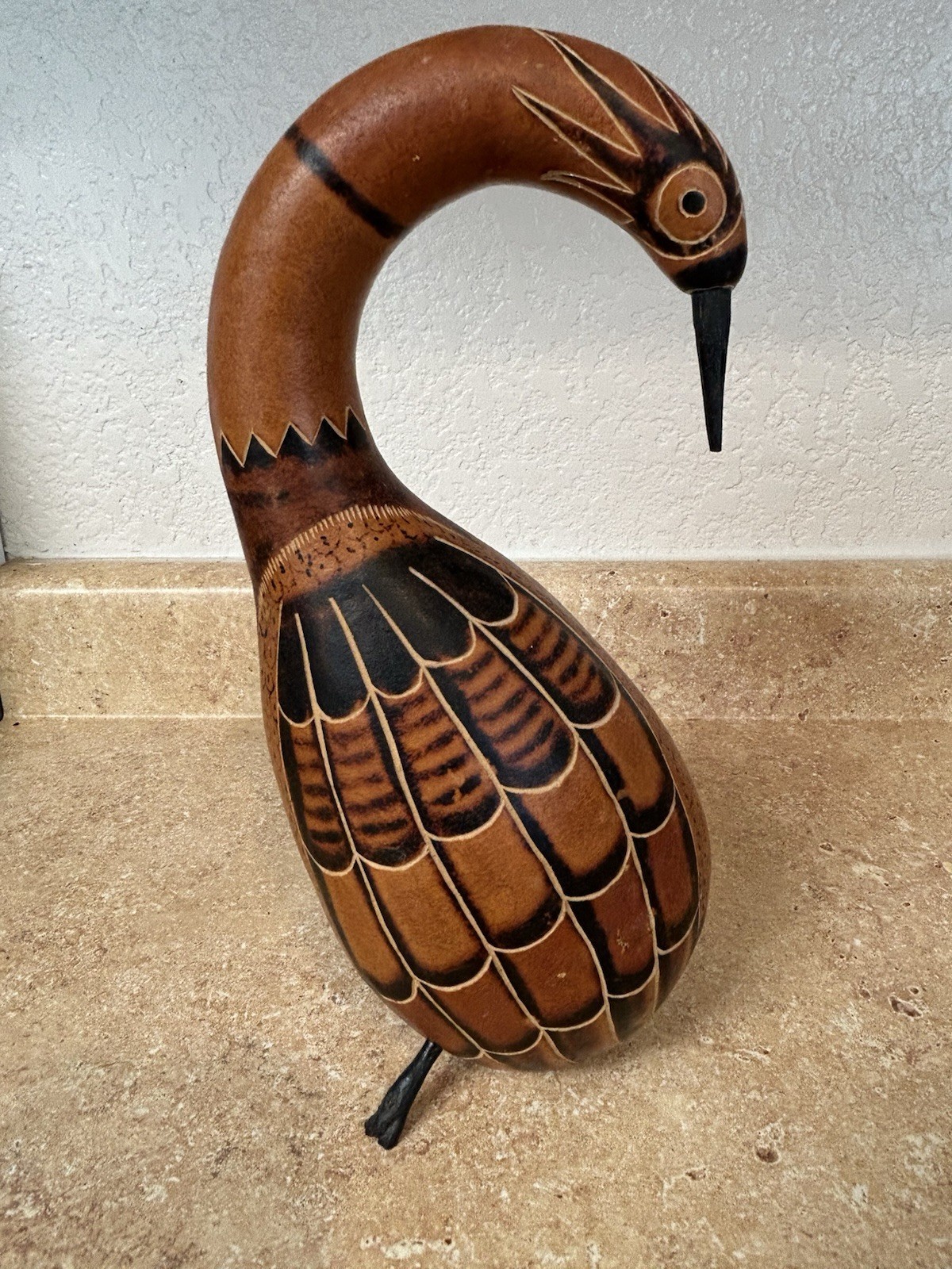 Vintage Peruvian Dried Gourd Hand-Carved Bird Curved Bent Neck Folk Art Figurine